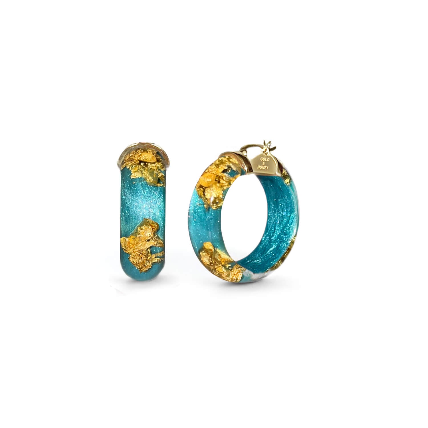 Gold Leaf Huggie Hoop Earrings In Teal