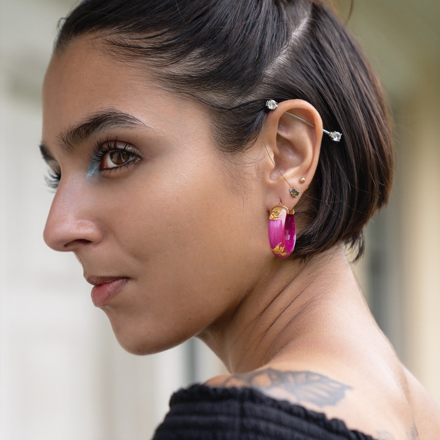 Gold Leaf Huggie Hoop Earrings In Dahlia Pink