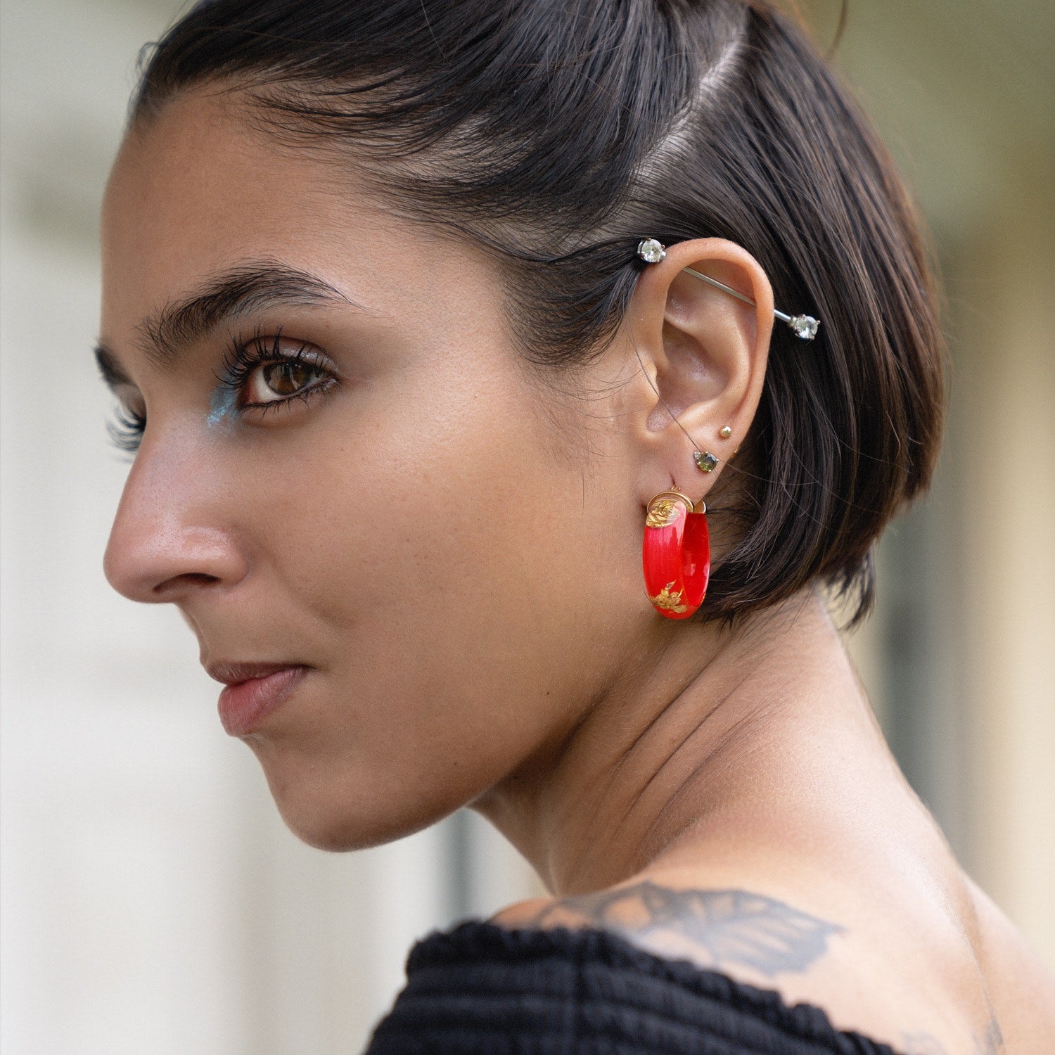 Gold Leaf Huggie Hoop Earrings In Red