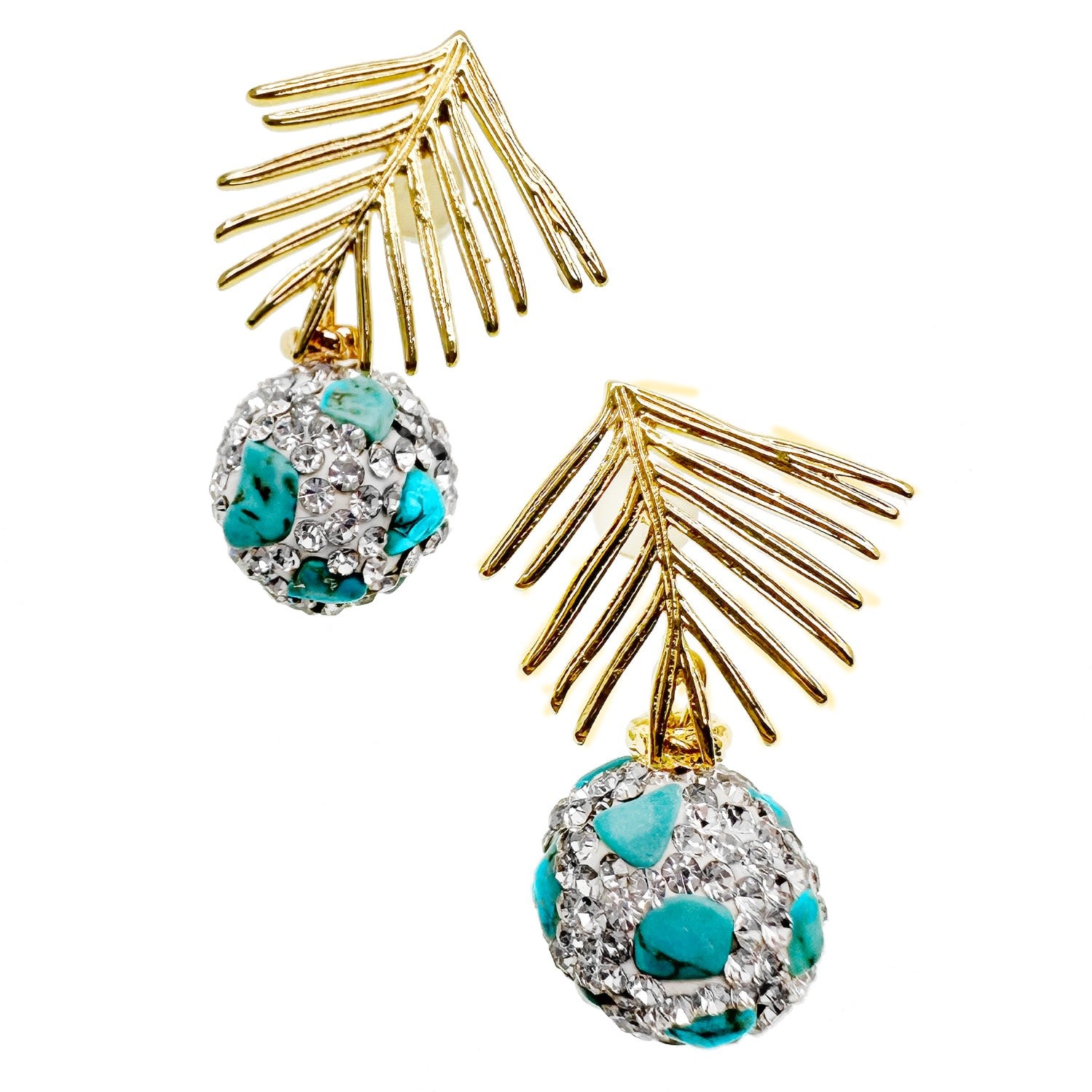 Gold Leaves With Turquoise Rhinestone Earrings