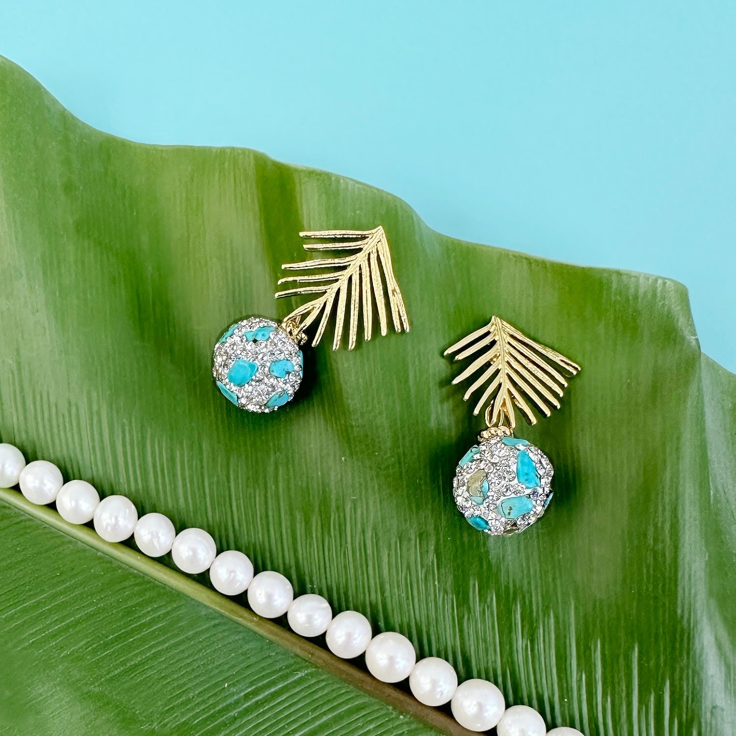 Gold Leaves With Turquoise Rhinestone Earrings