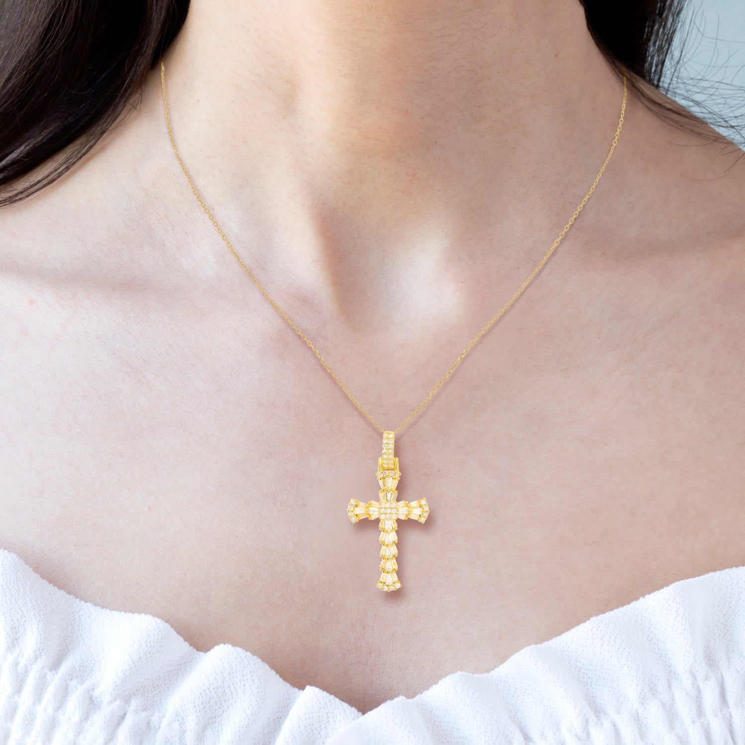 Gold Luxurious Baguette Cut Diamond Cz Cross Pendant Necklace