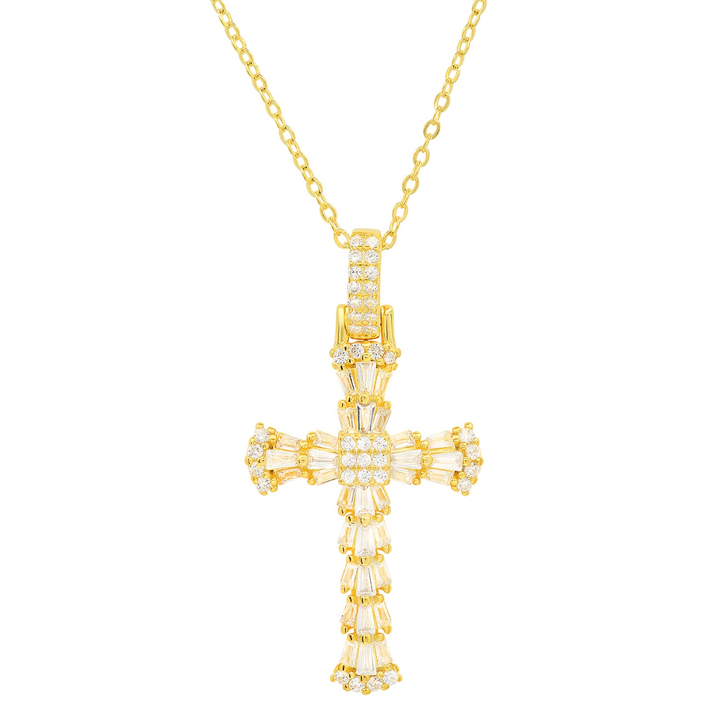 Gold Luxurious Baguette Cut Diamond Cz Cross Pendant Necklace