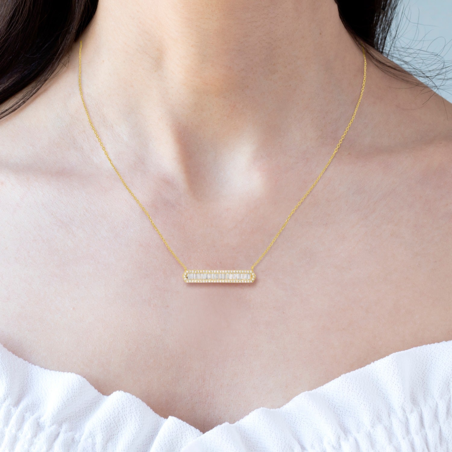 Gold Luxurious Diamond Cz Bar Necklace