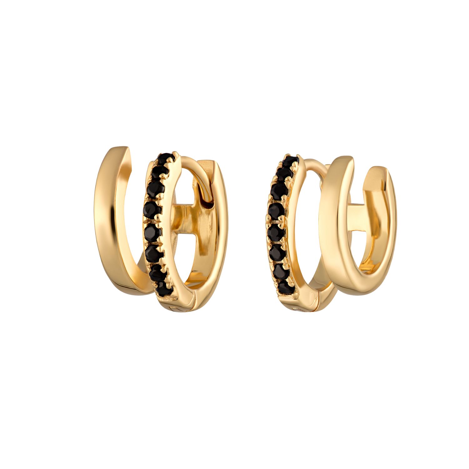 Gold Mismatched Double Huggie Earrings With Black Stones