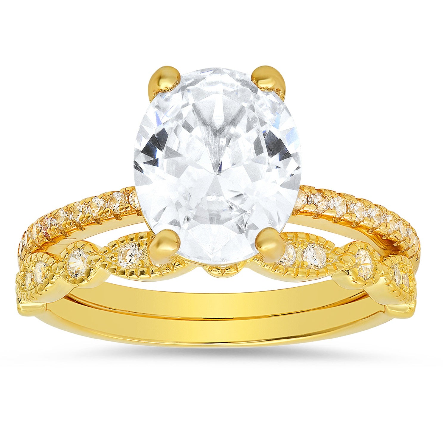 Gold Oval Cut Cz 2Pc Stackable Ring Set