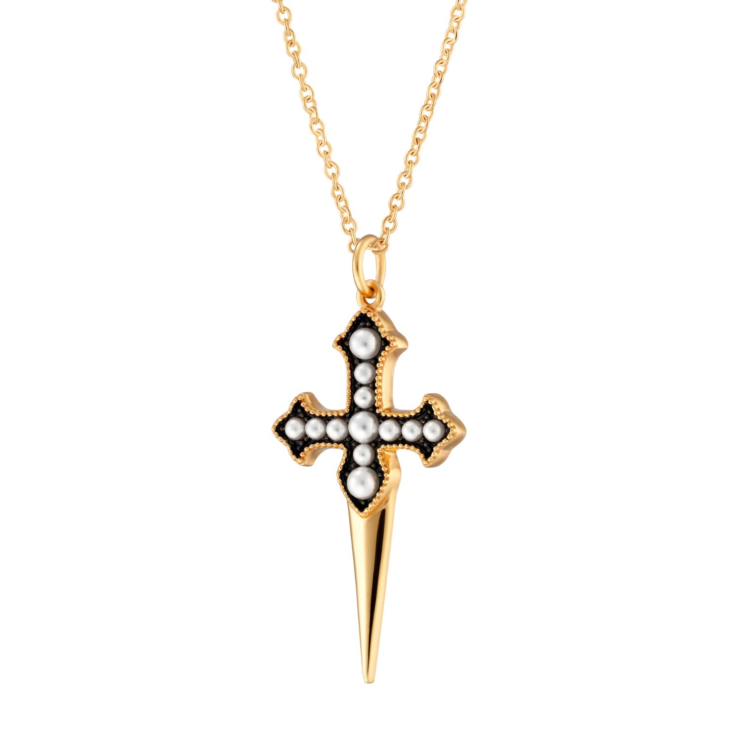Gold Pearl Dagger Necklace With Slider Clasp