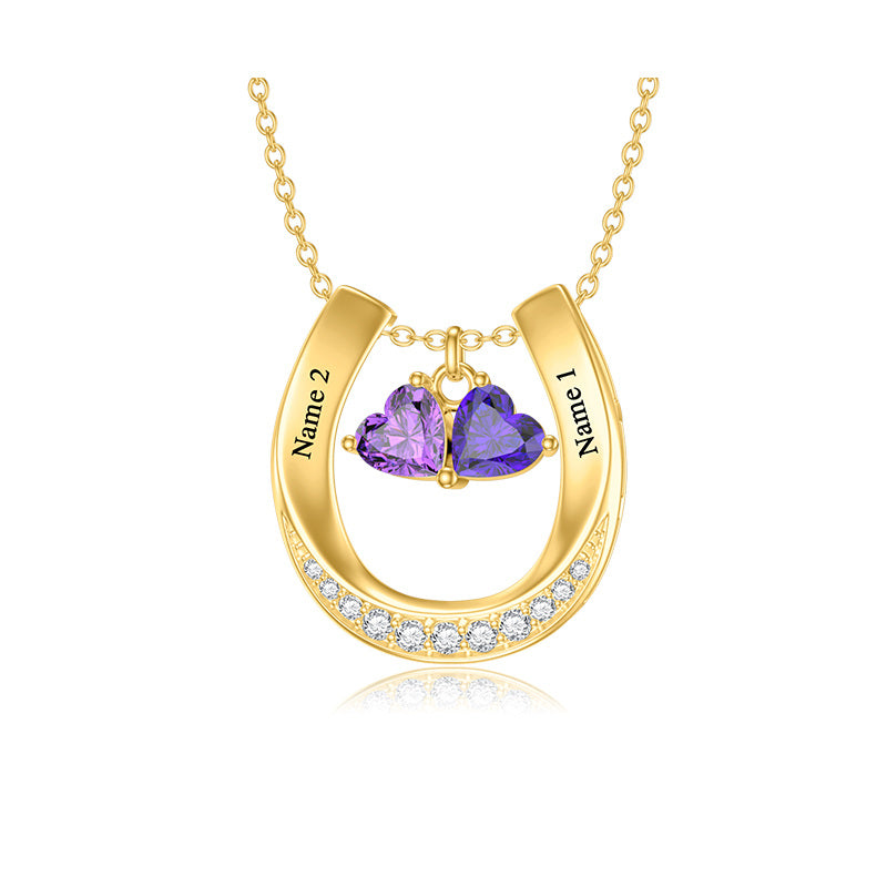 14K Gold Heart Shaped Cubic Zirconia Personalized Birthstone & Personalized Classic Name & Horseshoe Pendant Necklace