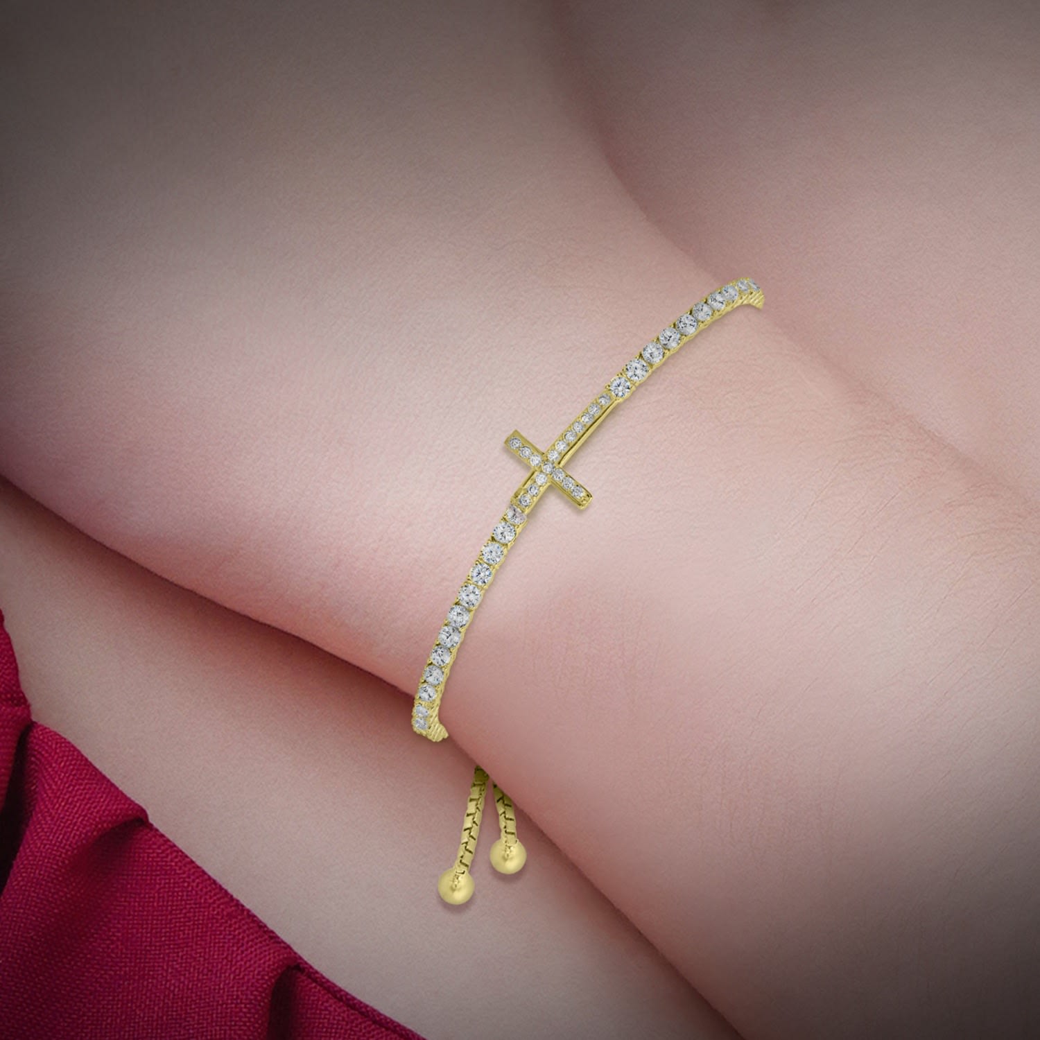 Gold Petite Diamond Cz Cross Adjustable Bracelet