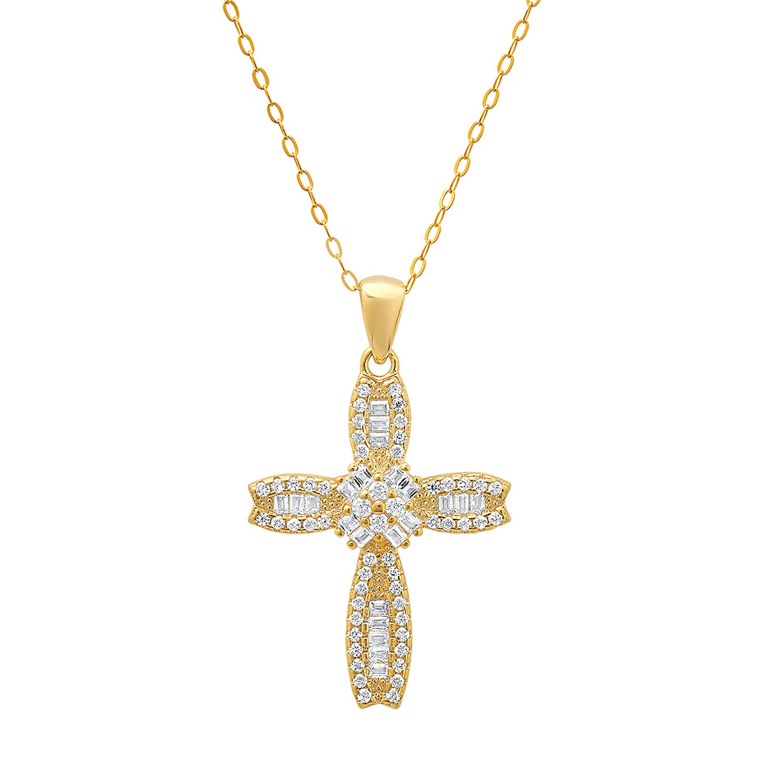 Gold Petite Luxurious Baguette-Cut Diamond Cz Cross Pendant Necklace