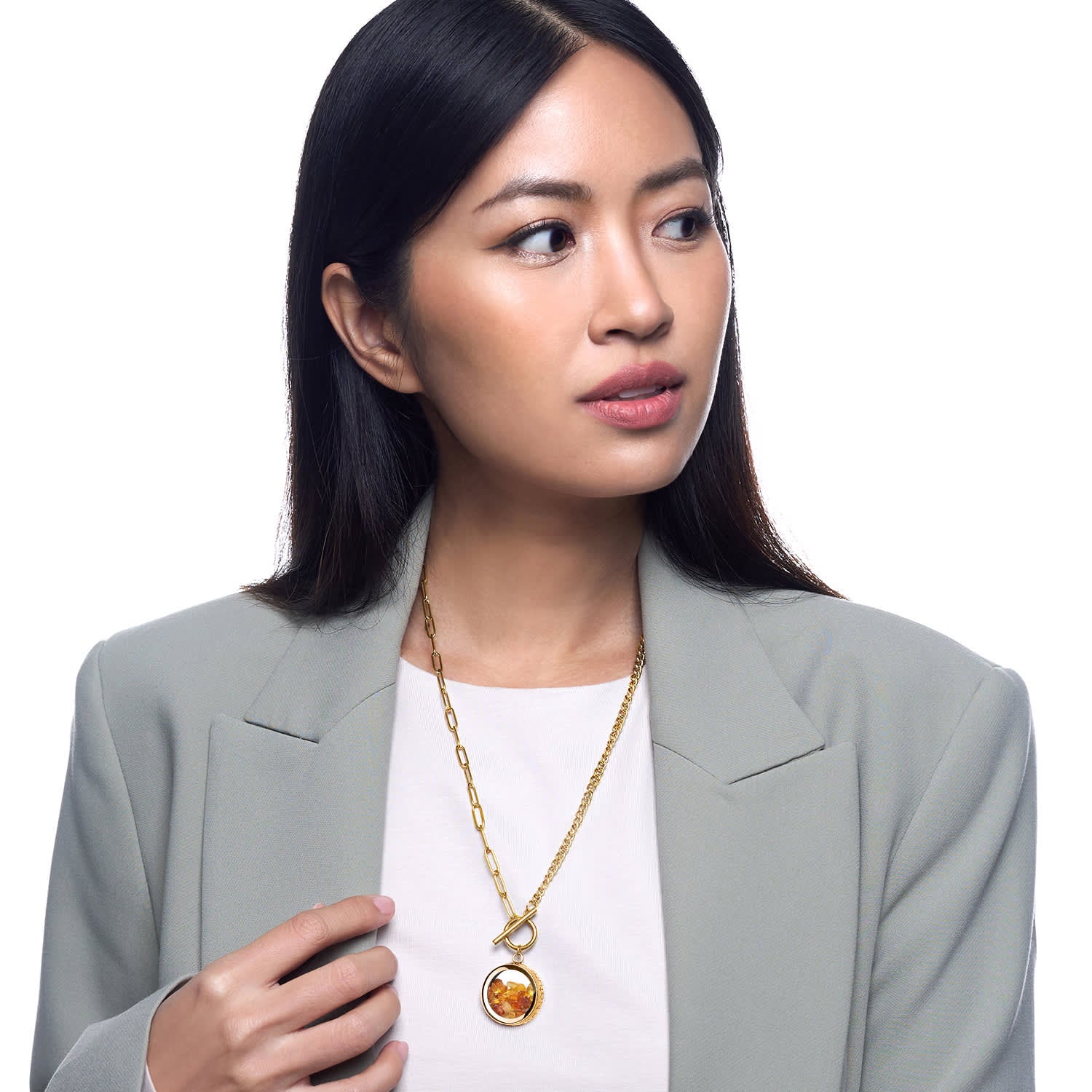 Gold Plated Amber Necklace – Genuine Amber Stones & Magnifying Glass For Love & Passion