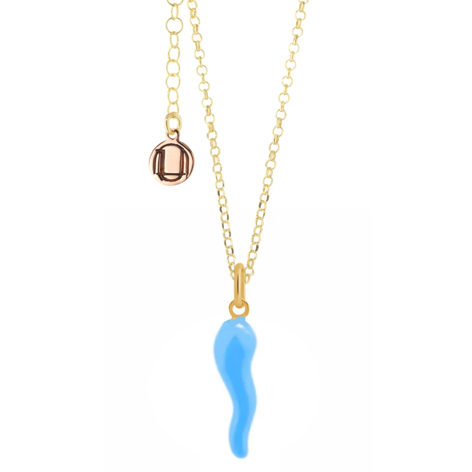 Gold Plated And Sky Blue Enamel Cornicello Necklace – Italian Handmade Good Luck Charm