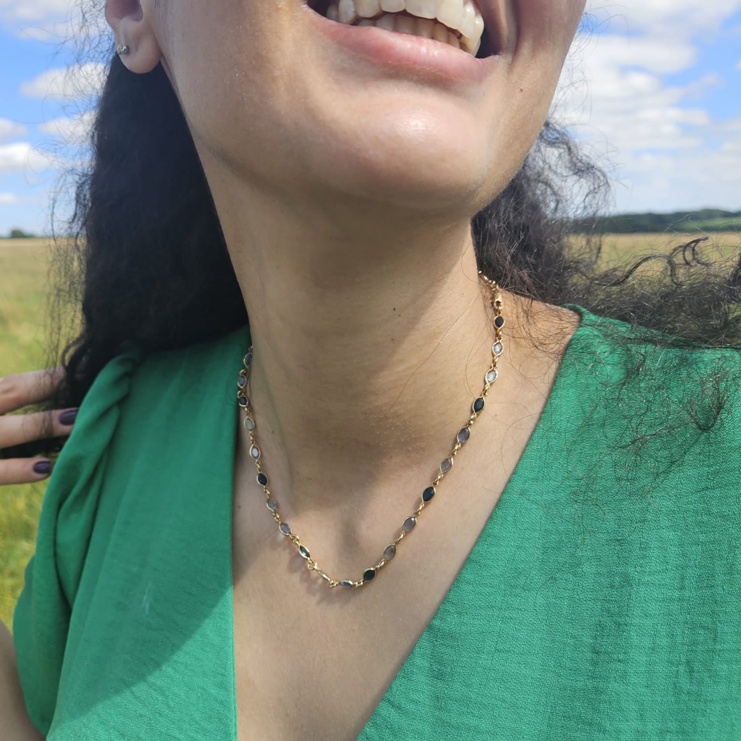 Gold Plated Blue Multi Gemstone Crystal Necklace