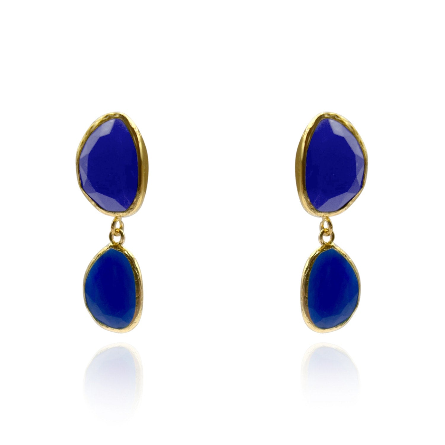 Gold Plated Brass Blue Cat's Eye Drop Earrings