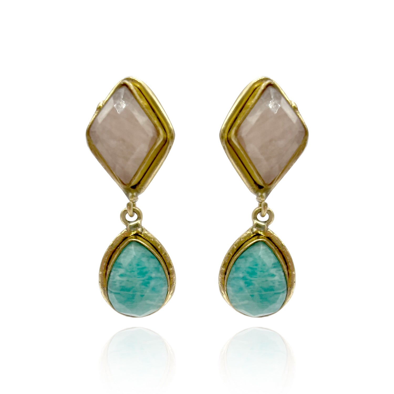 Gold Plated Brass Clip Earrings With Faceted Rose Quartz And Amazonite