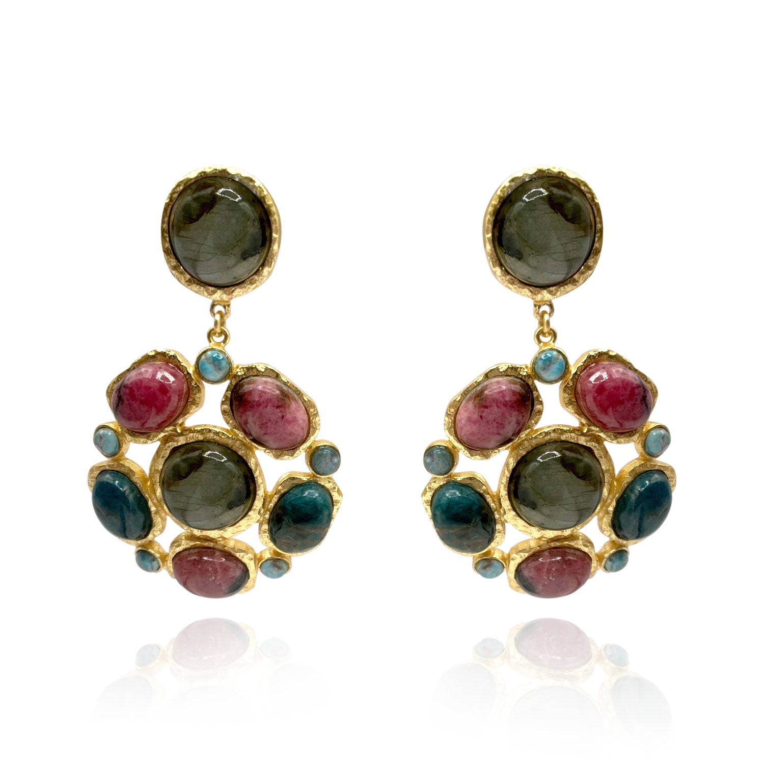 Gold Plated Brass Clip On Earrings With Multi Semi Precious Cabochons
