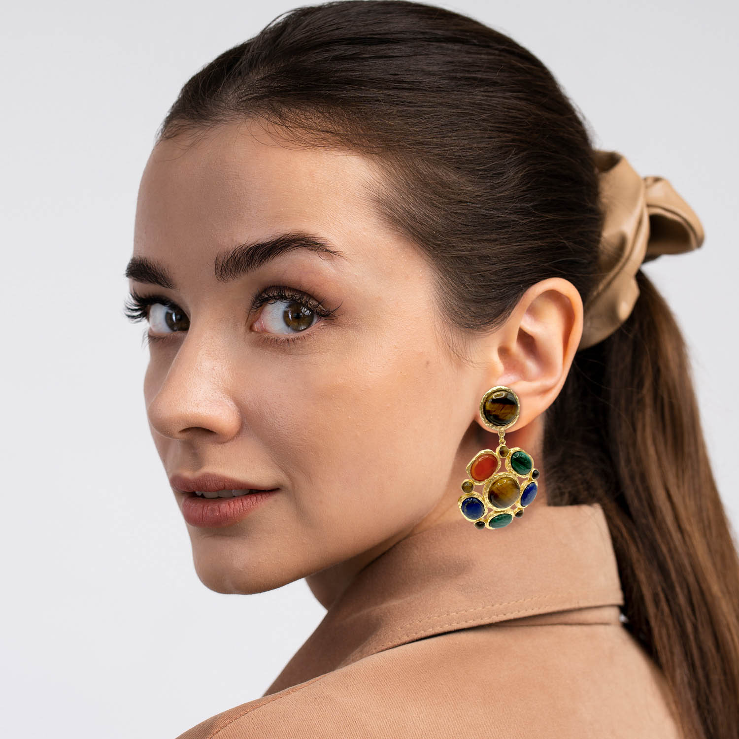 Gold Plated Brass Clip On Earrings With Multi Semi Precious Cabochons