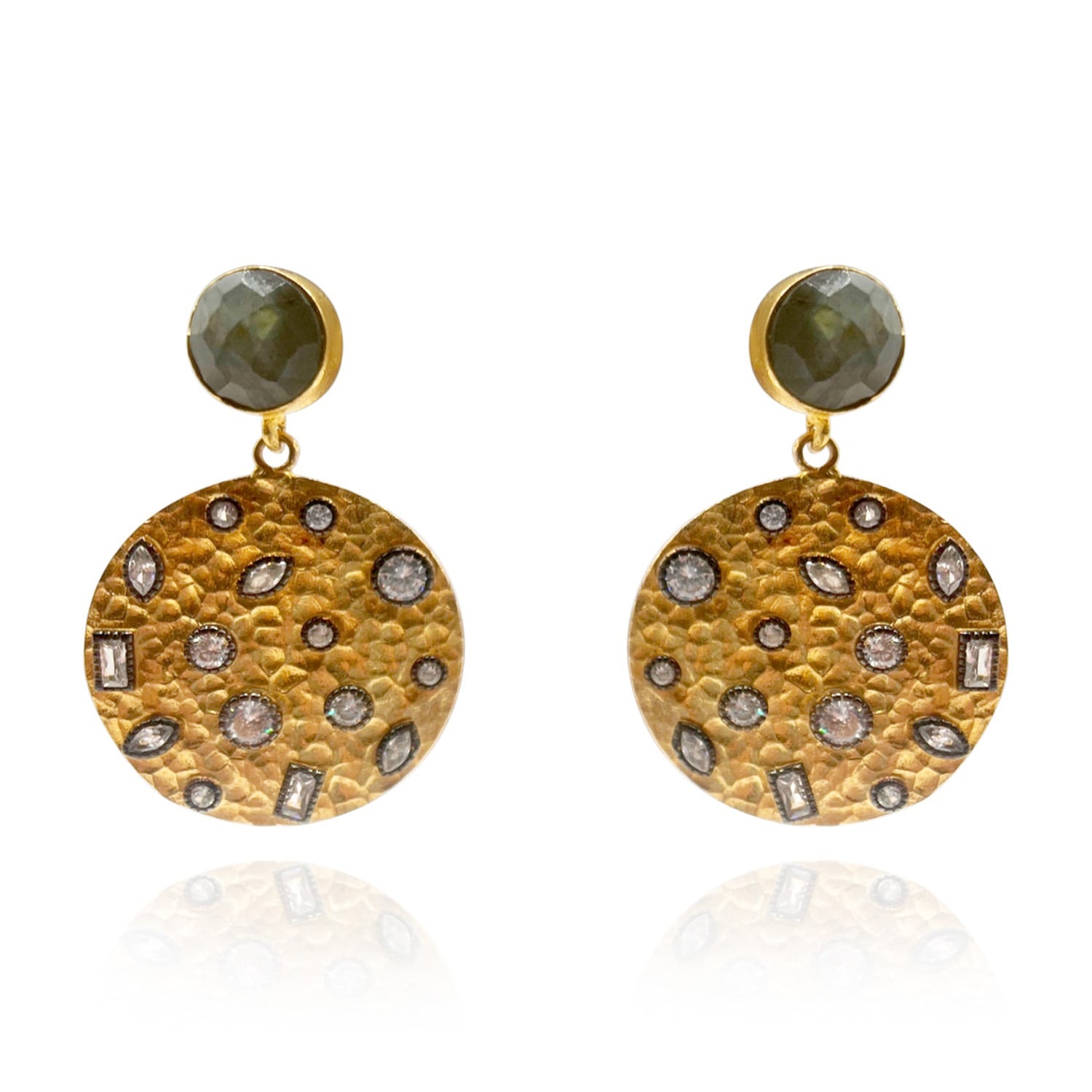 Gold Plated Brass Disk Earrings With Cubic Zirconia Embellishments