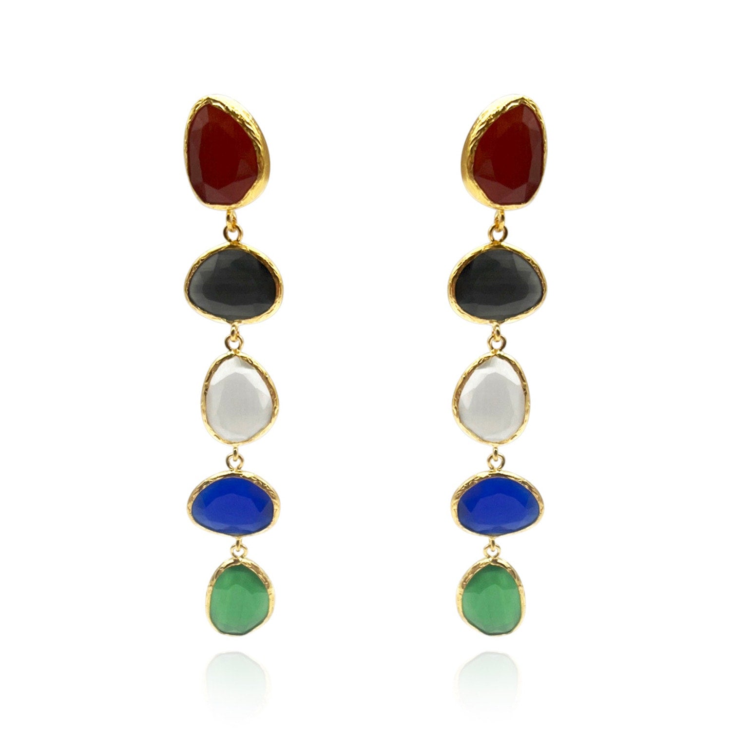 Gold Plated Brass Drop Earrings With Multi-Color Cat's Eye