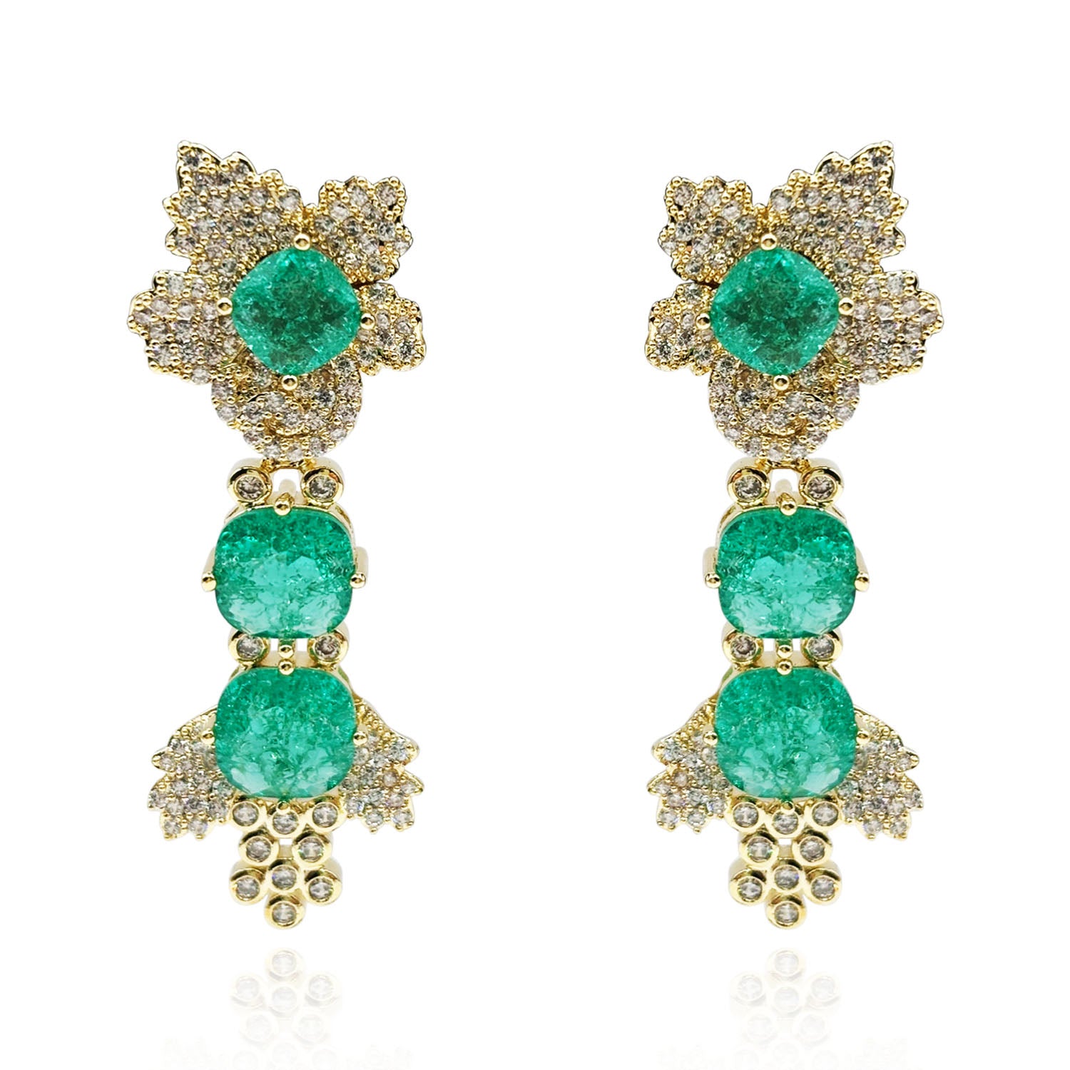 Gold Plated Clip On Drop Earrings With Emerald And Crystal