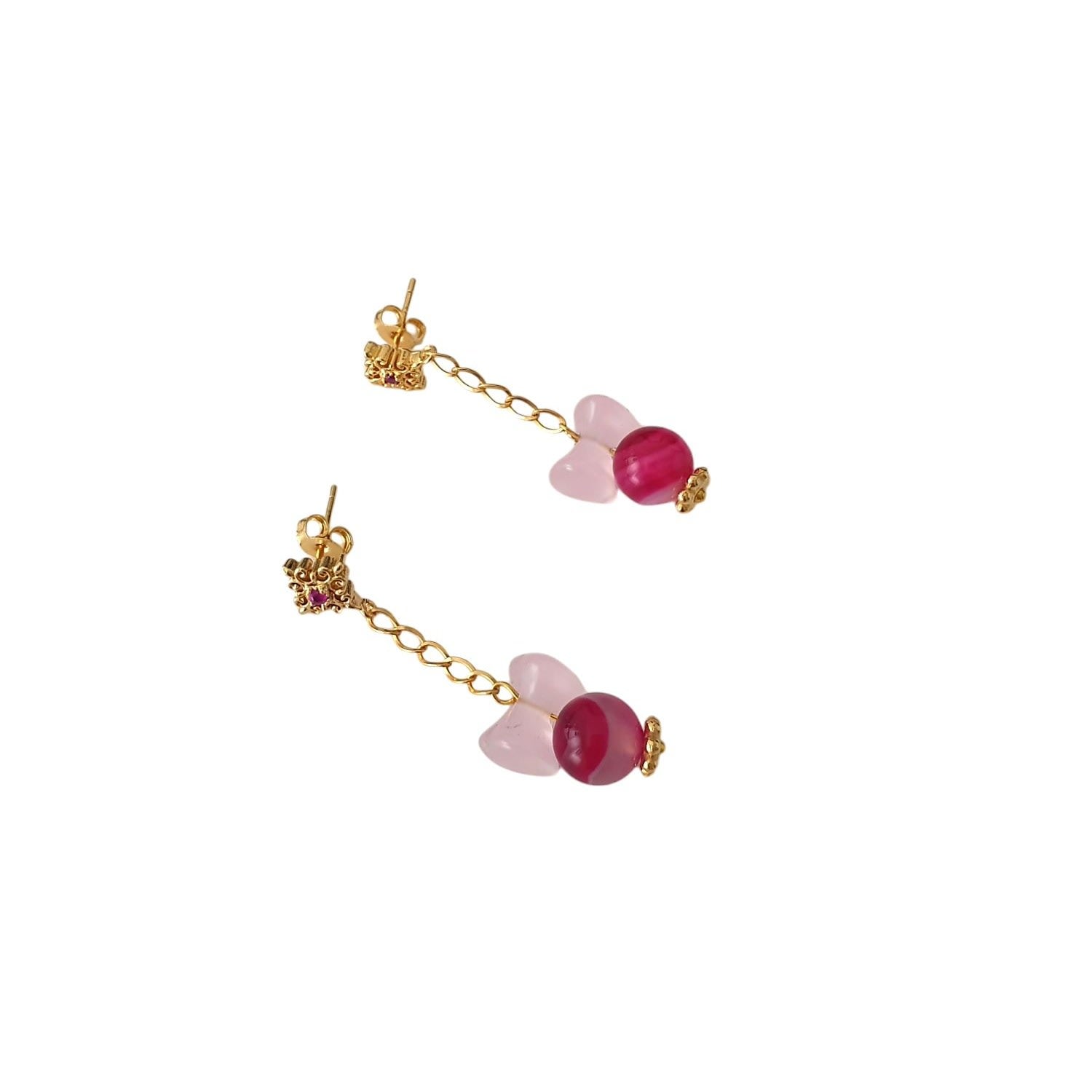 Gold-Plated Earrings With Pink Zirconia, Rose Quartz Bow And Pink Lace Agate Beads
