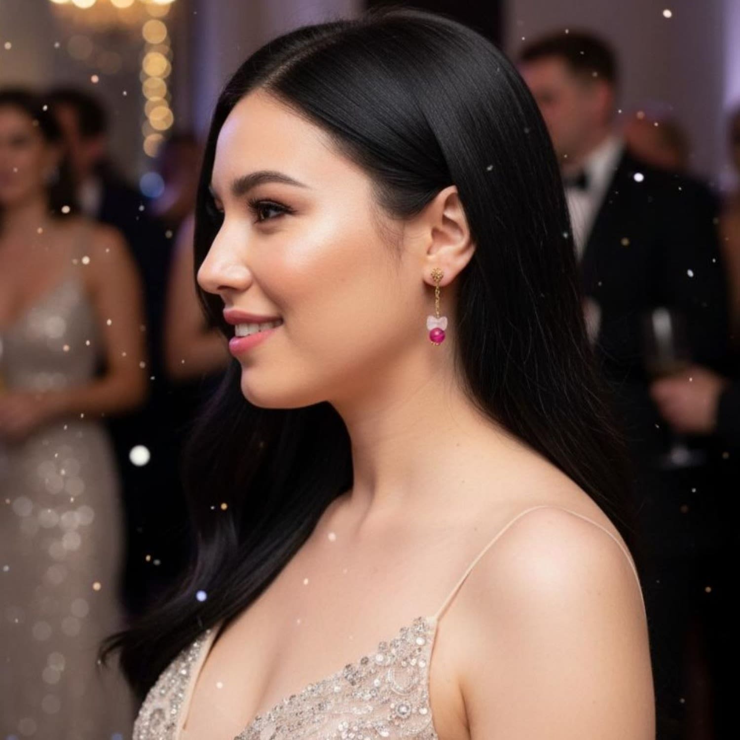 Gold-Plated Earrings With Pink Zirconia, Rose Quartz Bow And Pink Lace Agate Beads