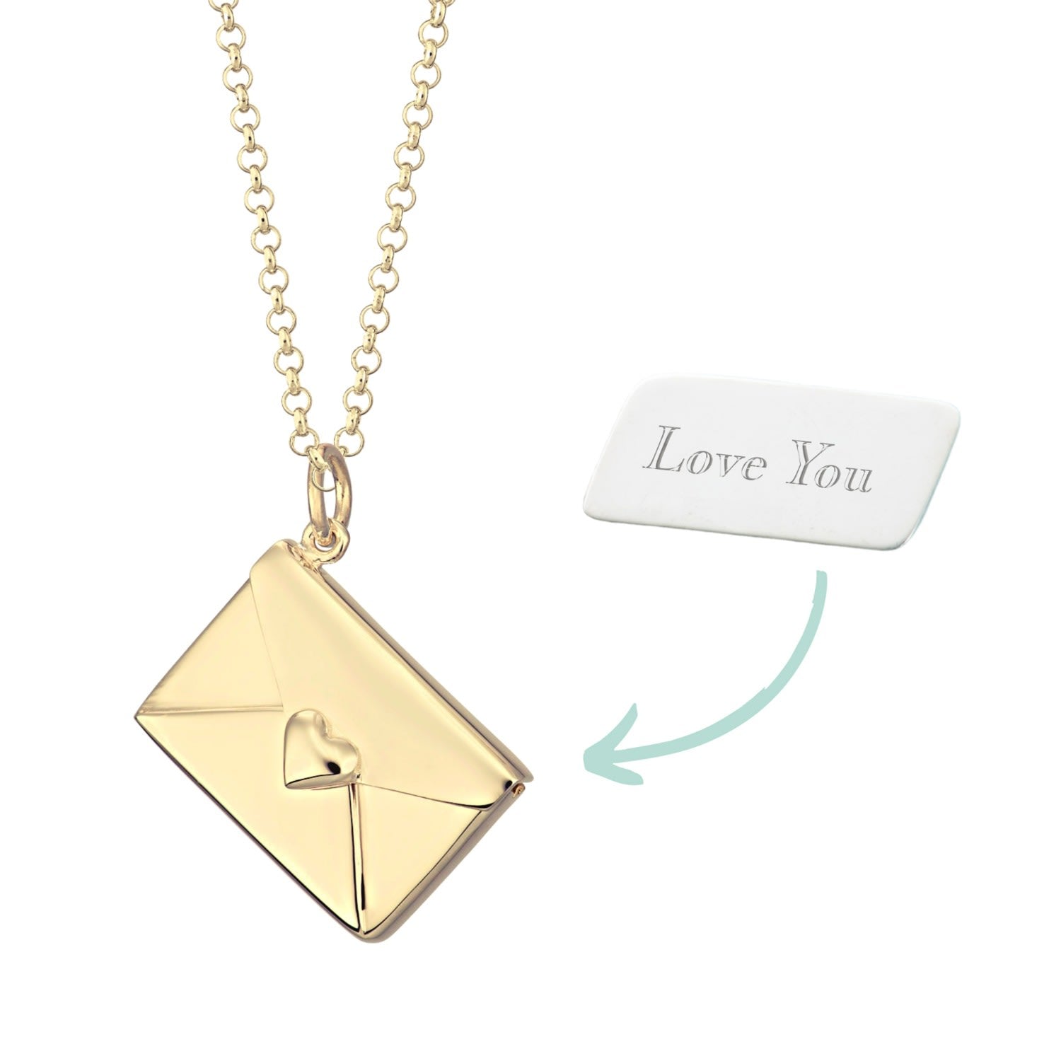 Gold Plated Envelope Charm Necklace With Engraved Insert - Love You