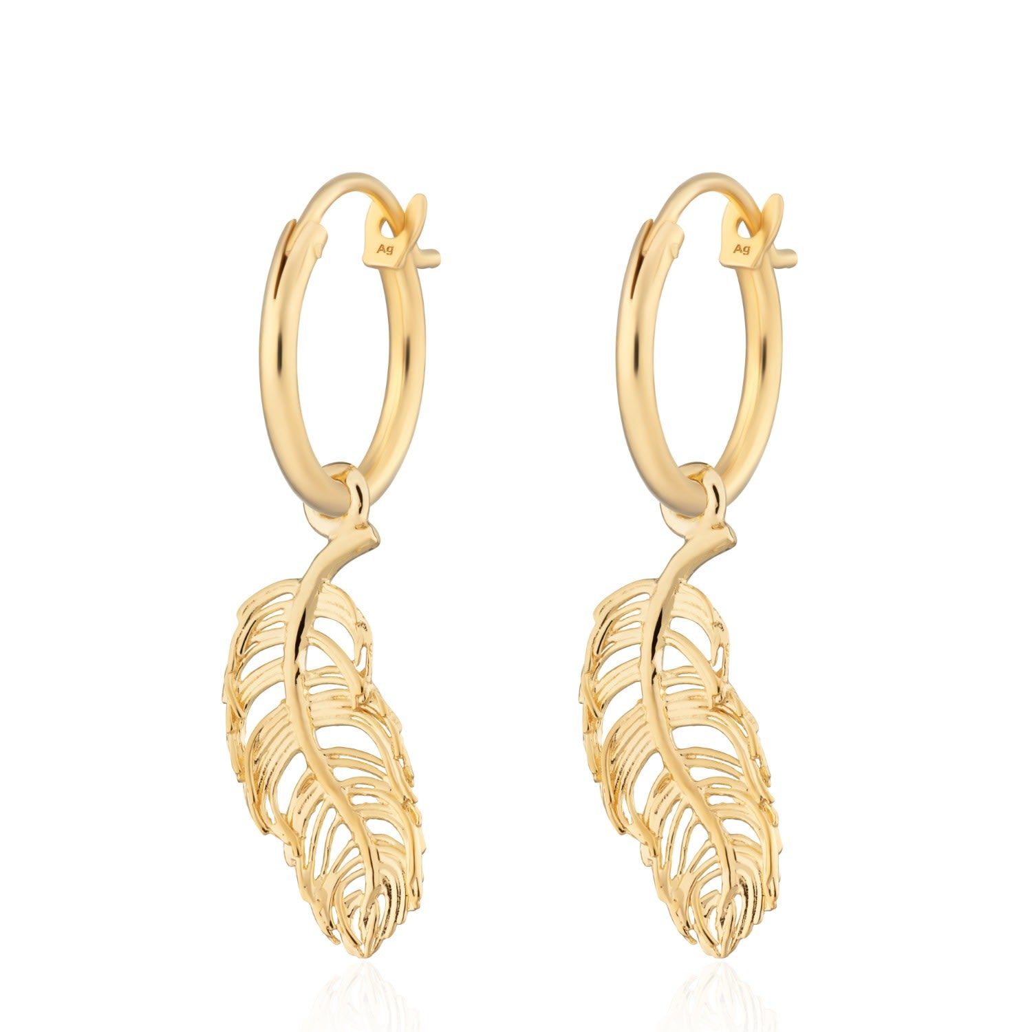 Gold Plated Feather Charm Hoop Earrings