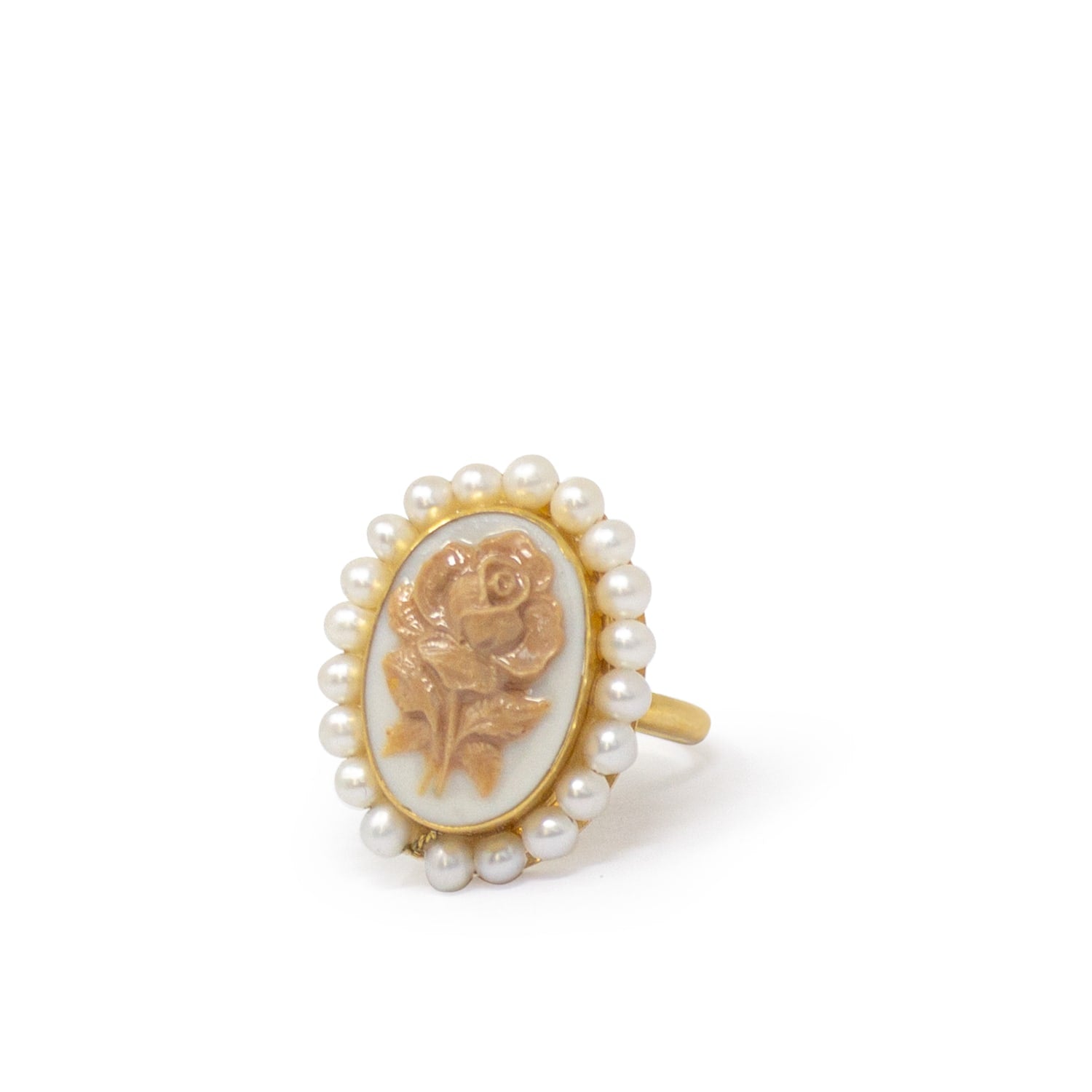 Gold-Plated Flower Cameo And Pearl Stacking Ring