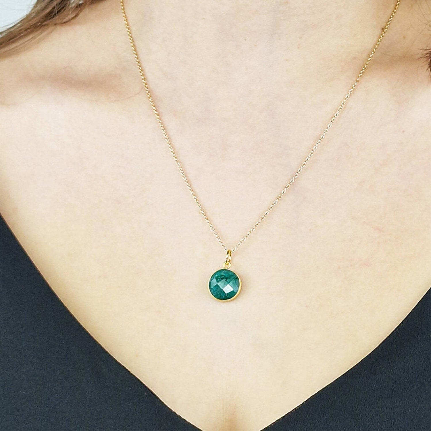 Gold Plated Glowing Shiny Round Emerald May Birthstone Necklace