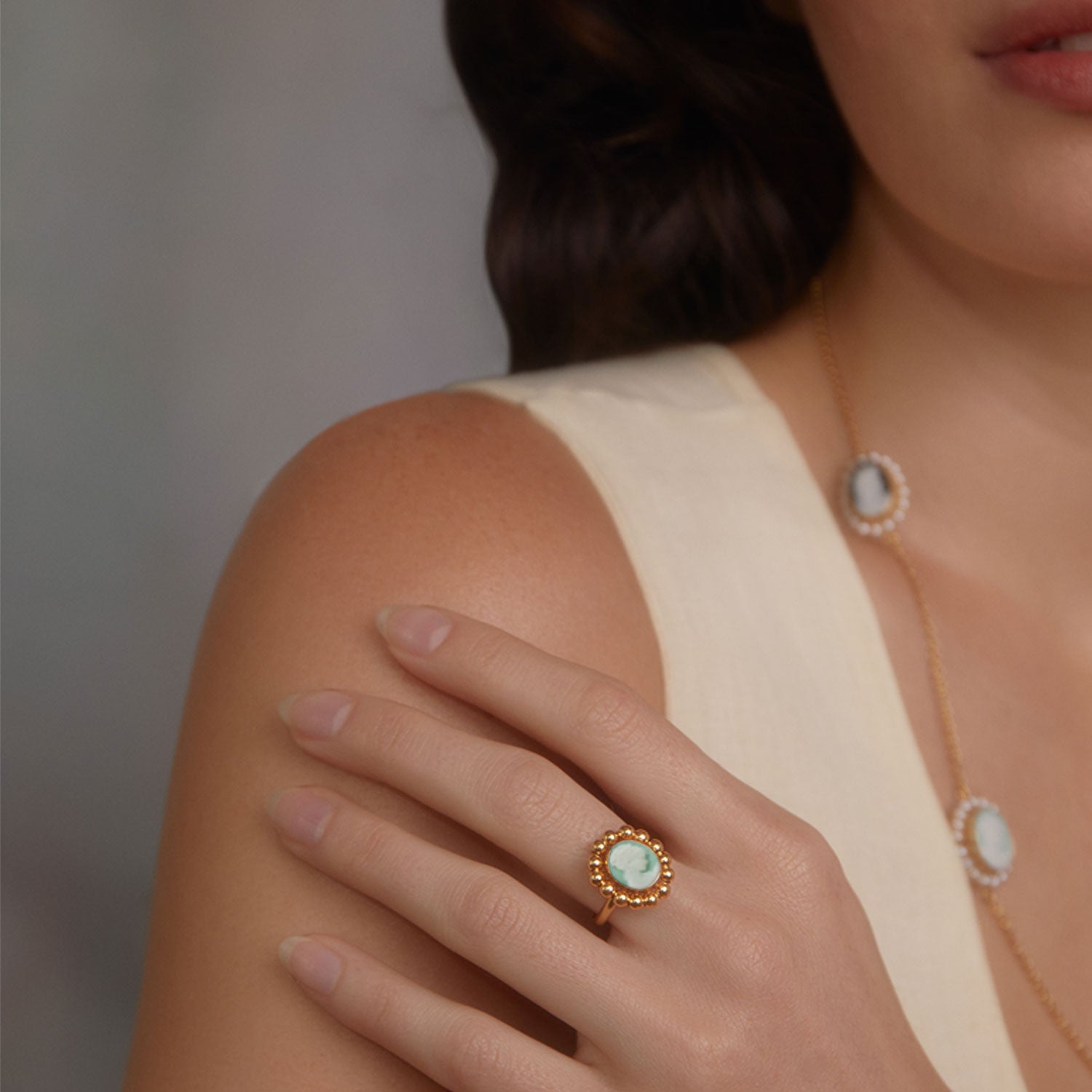 Gold-Plated Green Mini Cameo Beaded Ring