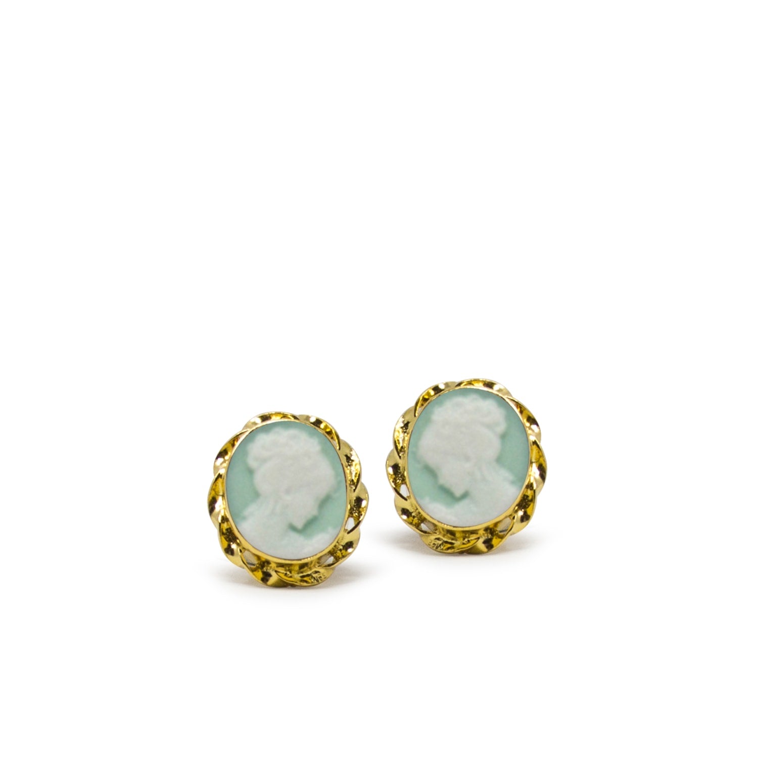 Gold-Plated Green Mini Cameo Stud Earrings