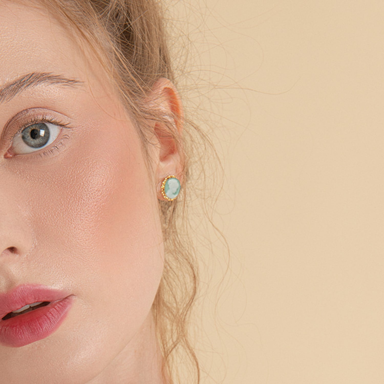 Gold-Plated Green Mini Cameo Stud Earrings