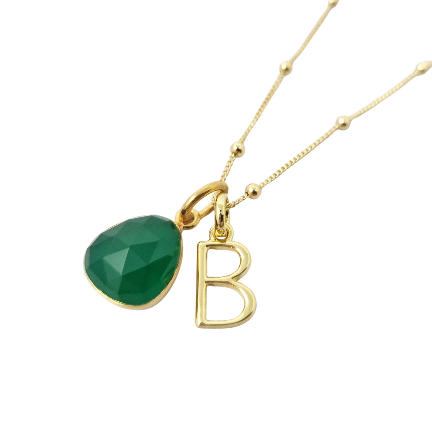 Gold Plated Green Onyx May Birthstone Initial Charm Necklace