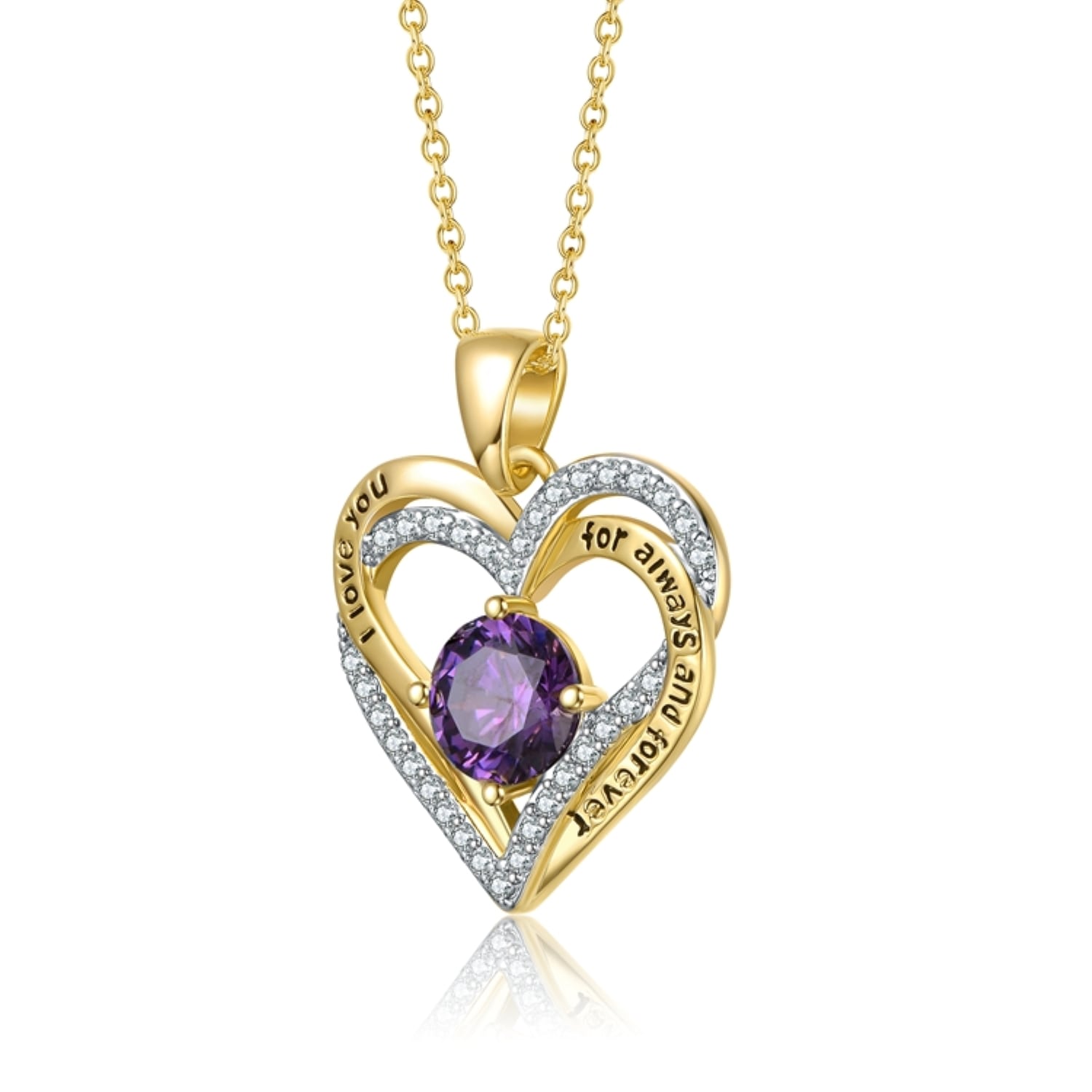 Gold Plated Heart -I Love You- With Cubic Zirconia Amethyst Pendant Necklace