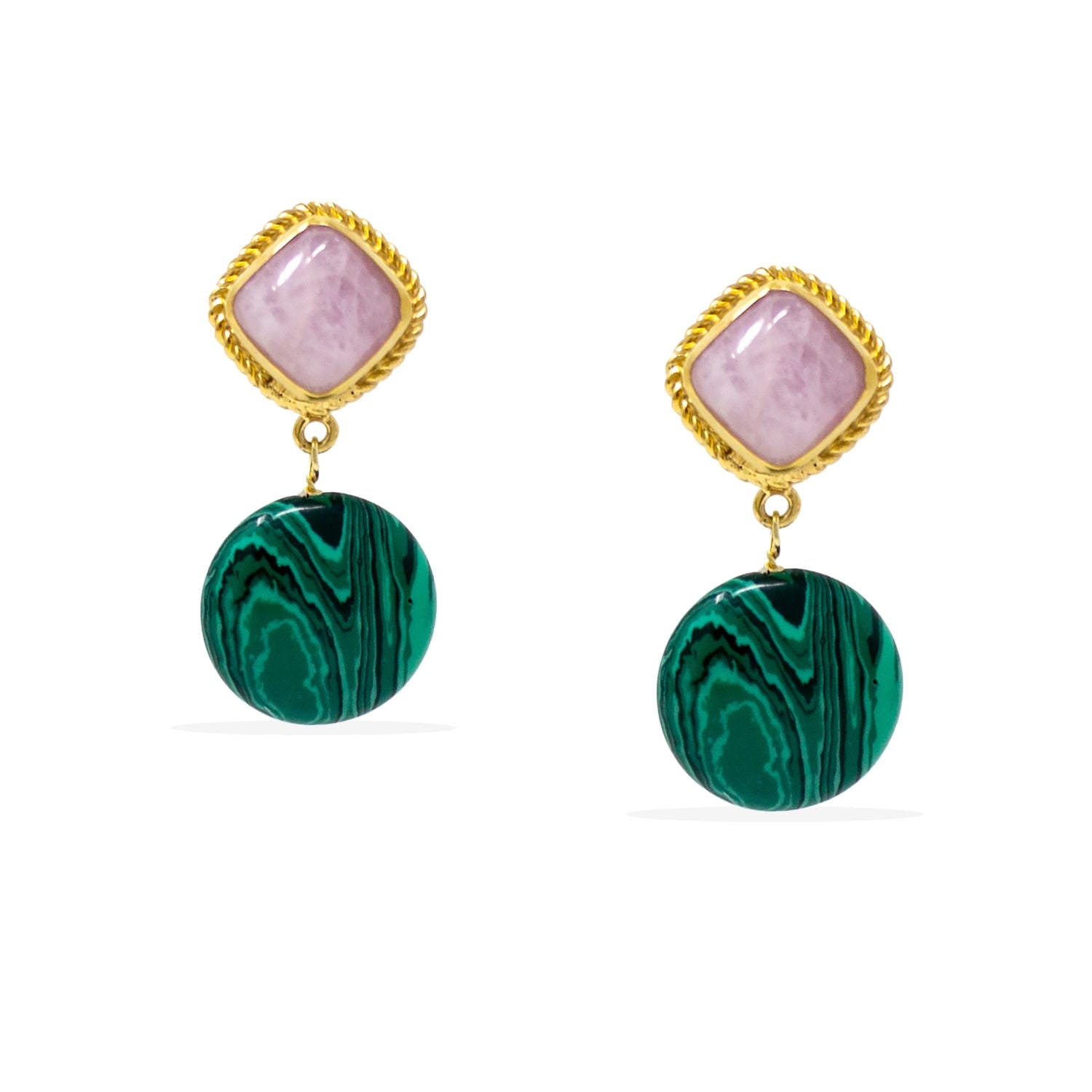 Gold-Plated Kunzite And Malachite Earrings