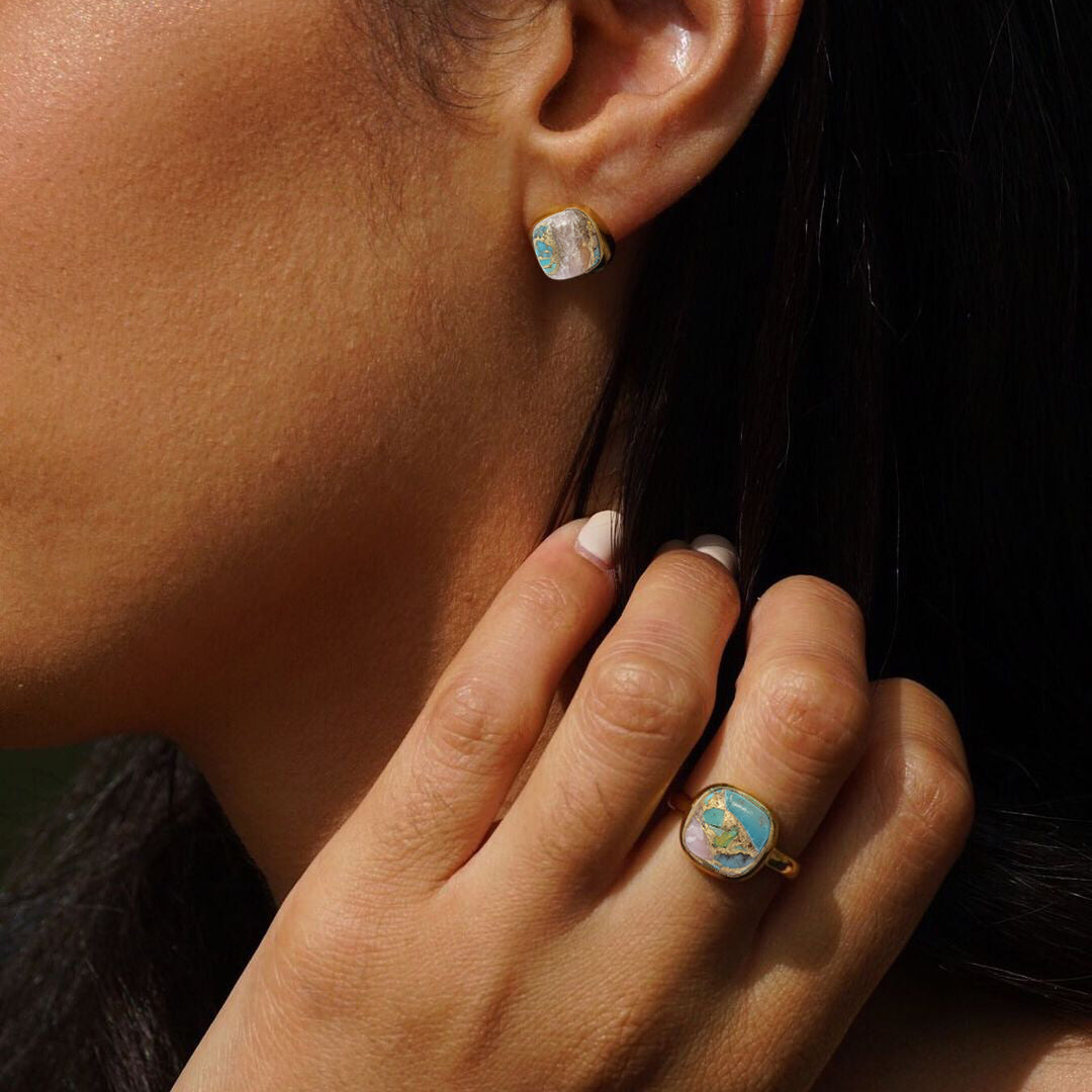 Gold Plated Opal And Turquoise Gold Plated Gemstone Stud Earrings