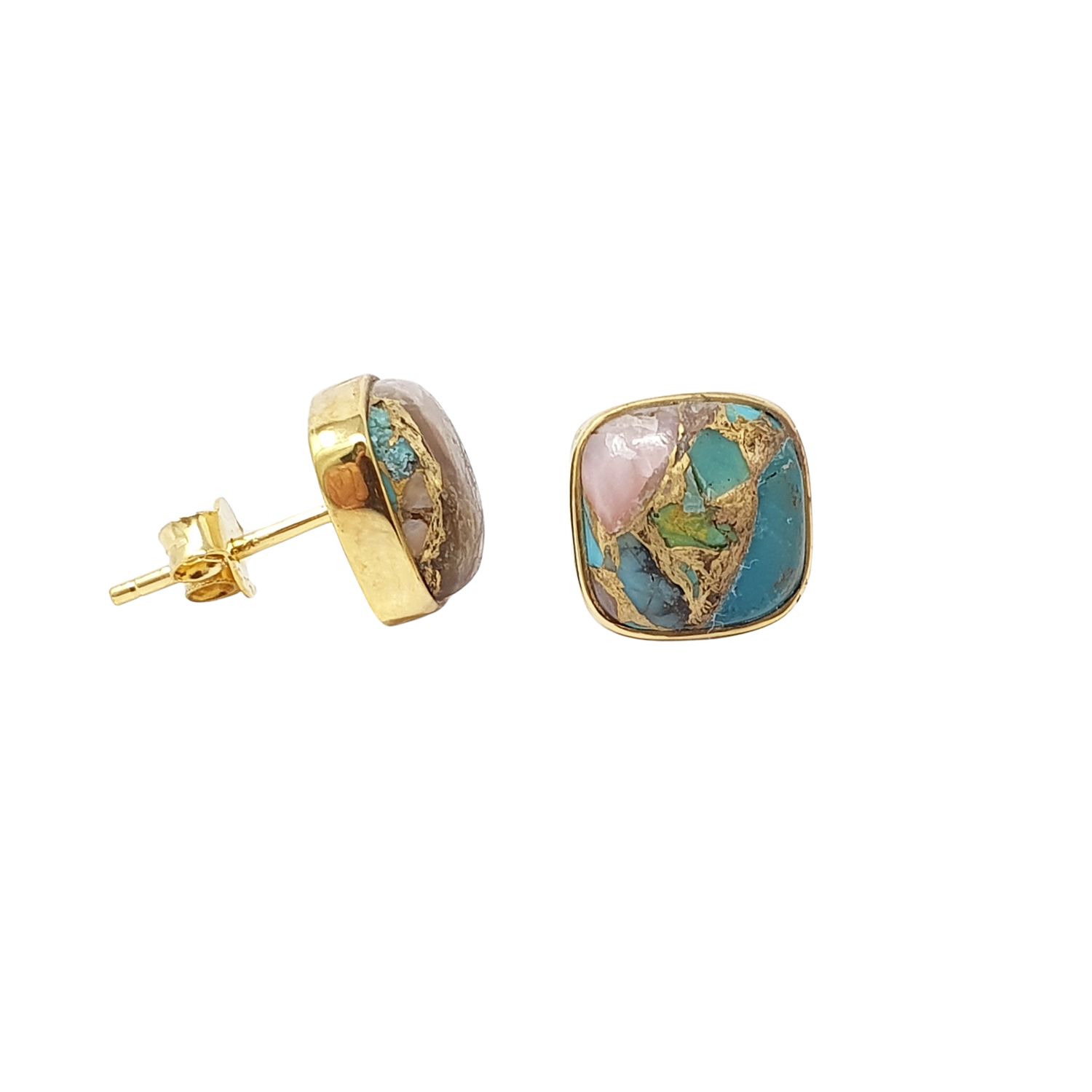 Gold Plated Opal And Turquoise Gold Plated Gemstone Stud Earrings