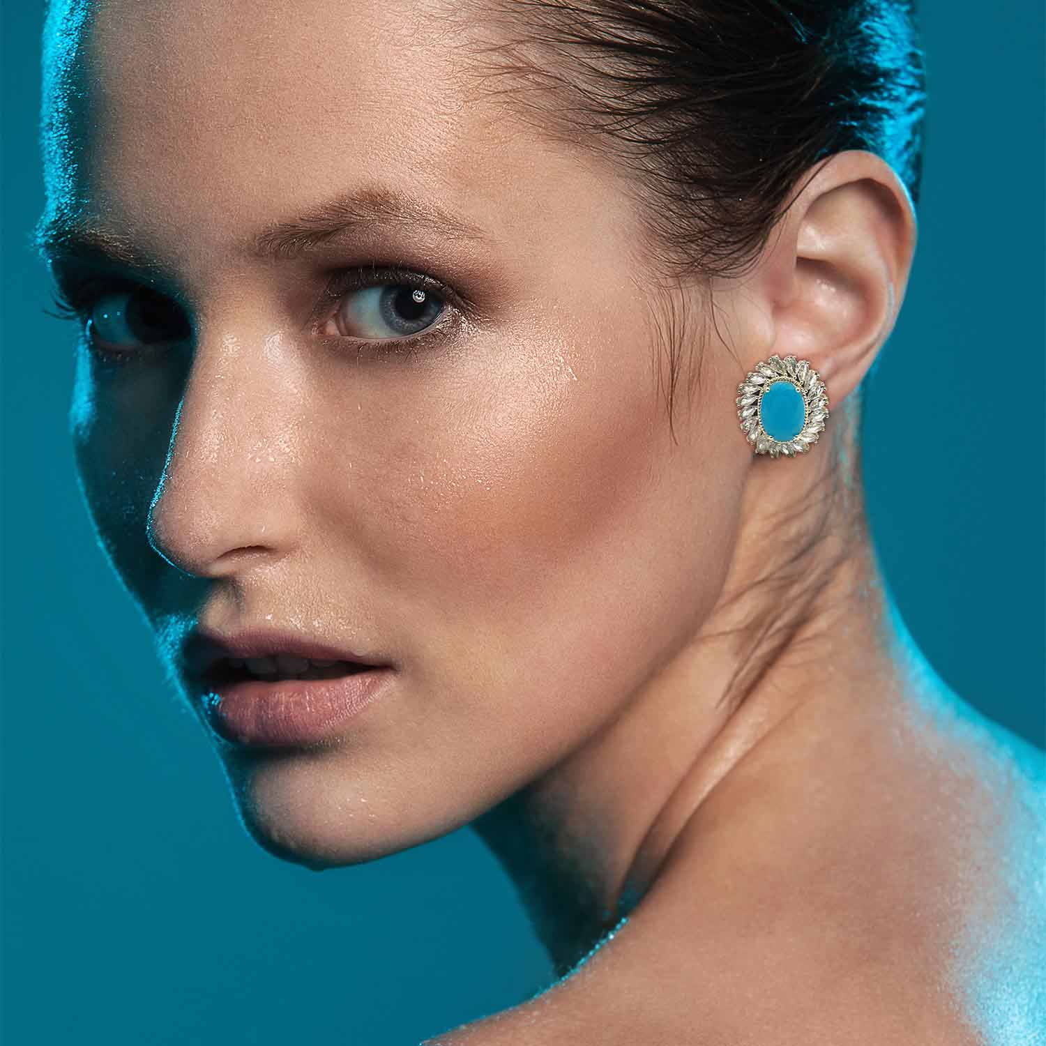 Gold-Plated Oval Faceted Bright Turquoise Clip-On Glass Earrings With Crystal Navette Trim