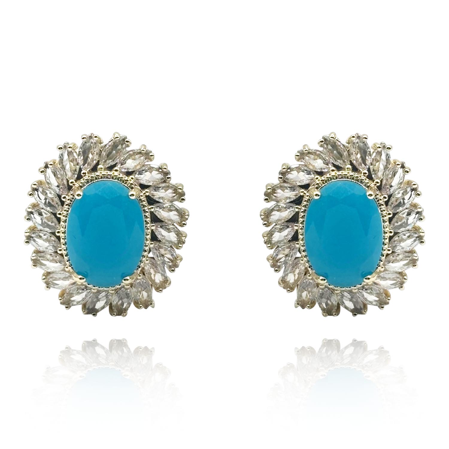 Gold-Plated Oval Faceted Bright Turquoise Clip-On Glass Earrings With Crystal Navette Trim