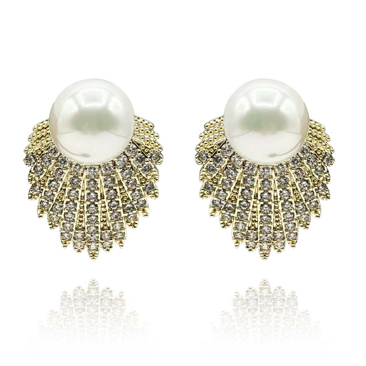 Gold Plated Pave Shell-Based Pearl Clip-On Earrings