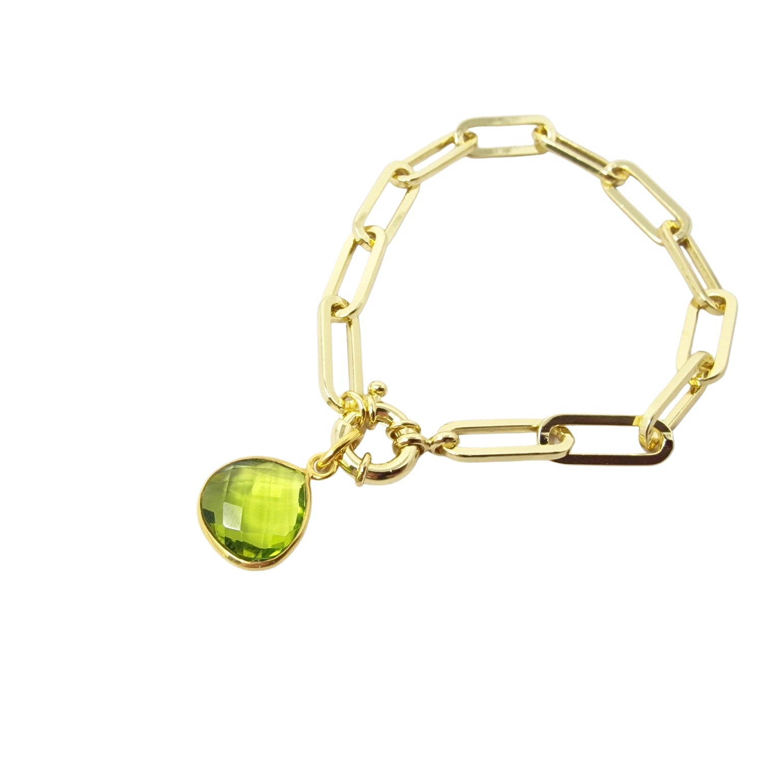 Gold Plated Peridot August Birthstone Paperclip Bracelet