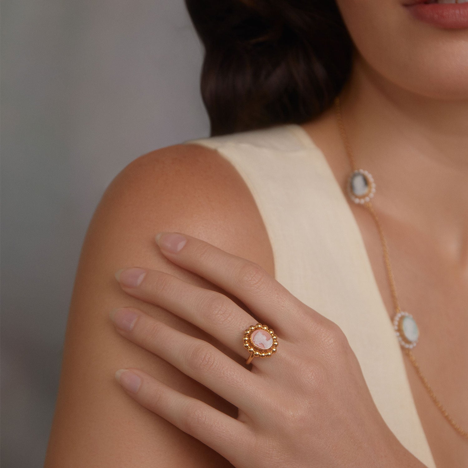 Gold-Plated Pink Mini Cameo Beaded Ring
