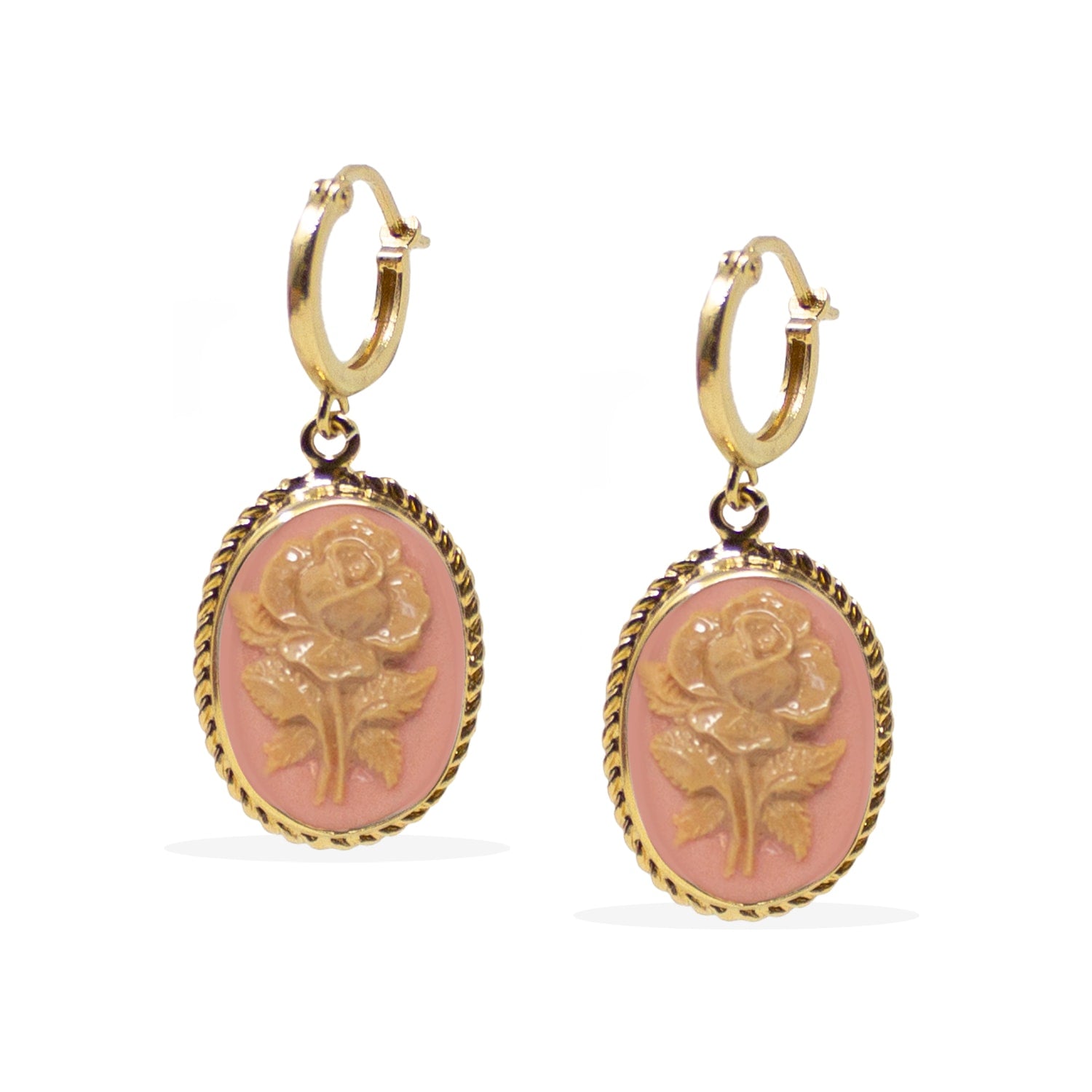 Gold-Plated Pink Rose Cameo Hoop Earrings