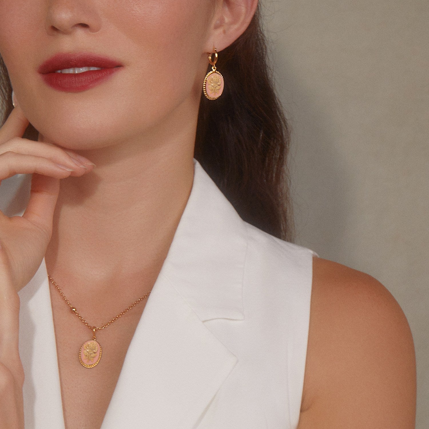 Gold-Plated Pink Rose Cameo Necklace