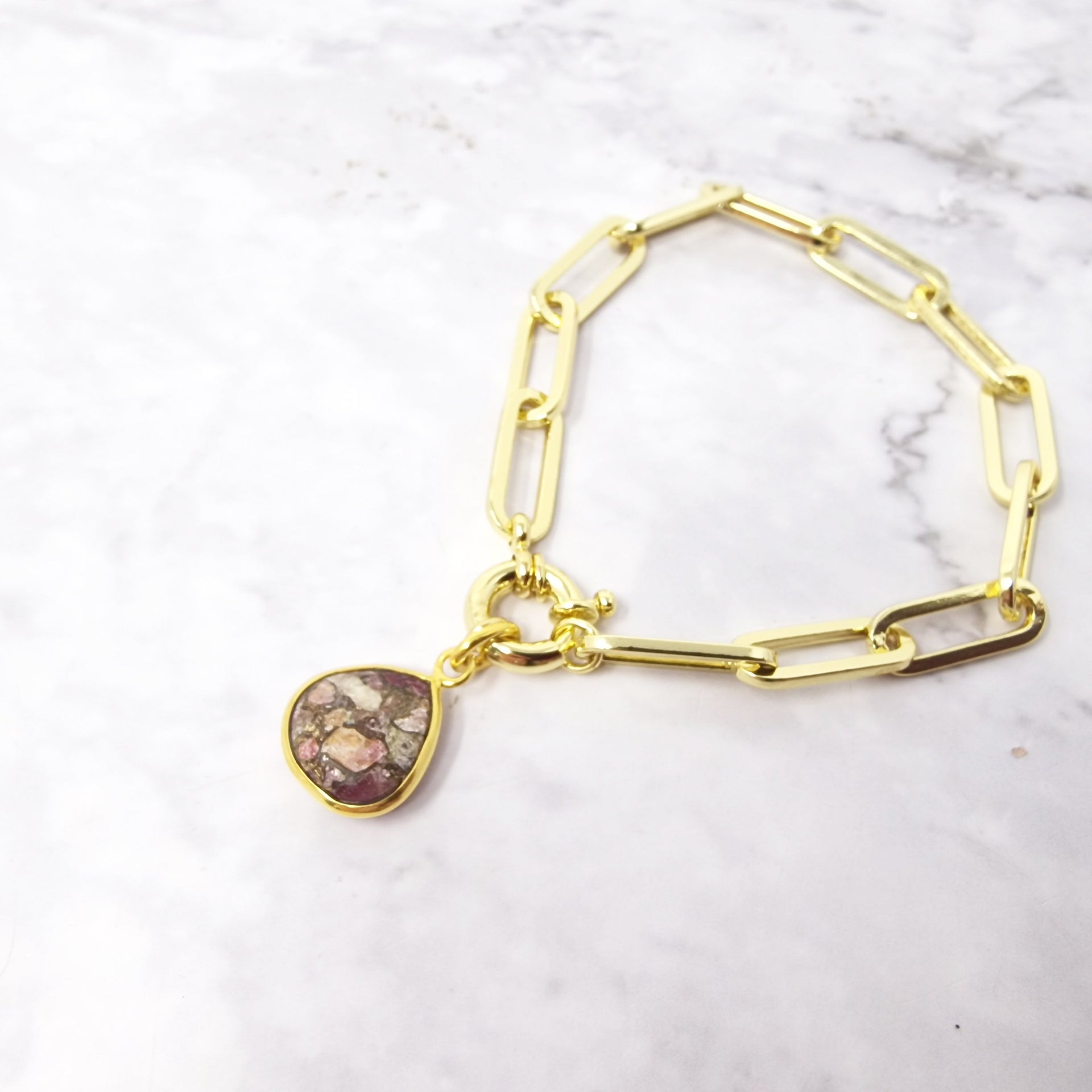 Gold Plated Natural Pink Tourmaline October Birthstone Gemstone Bracelet