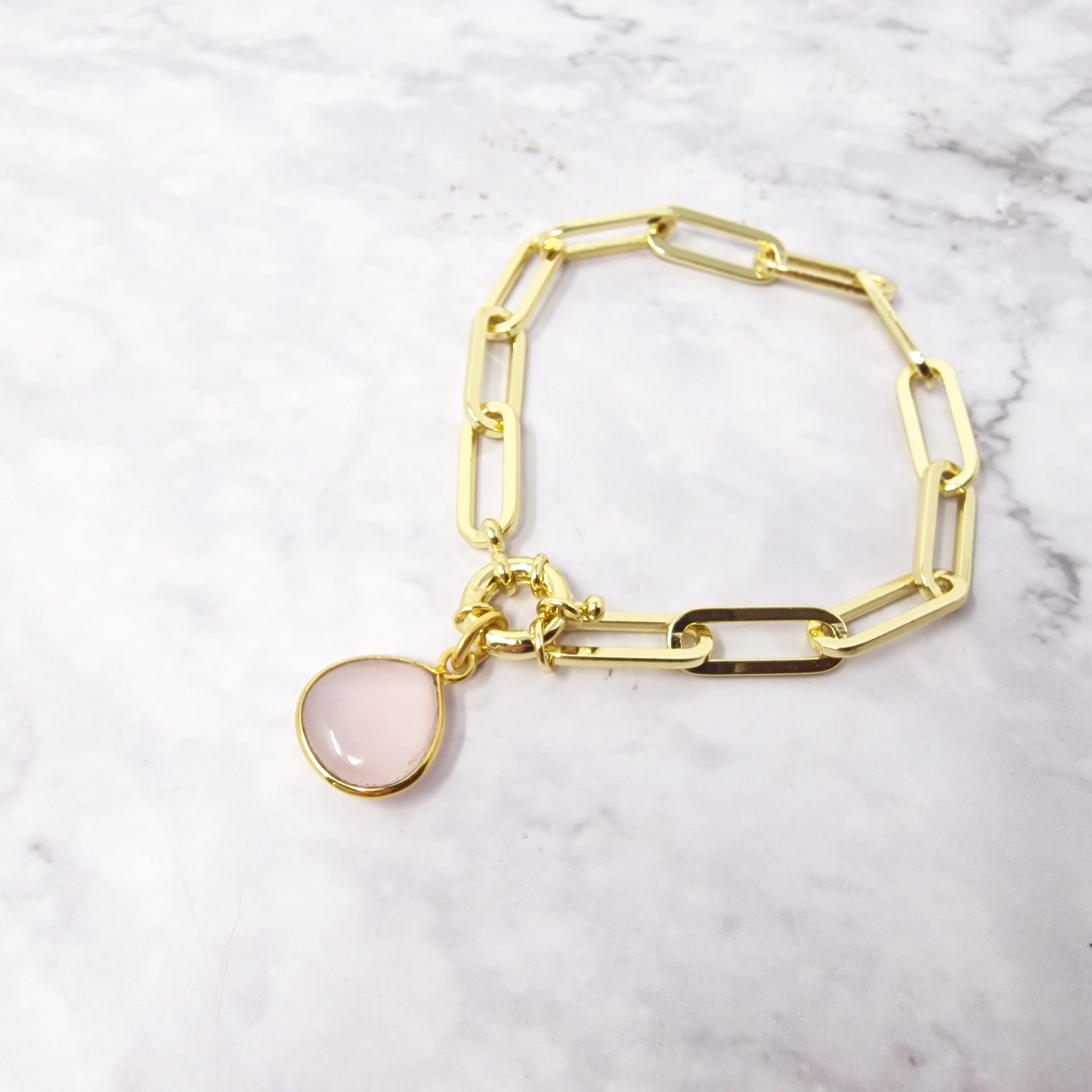 Gold Plated Pink Rose Quartz October Birthstone Bracelet