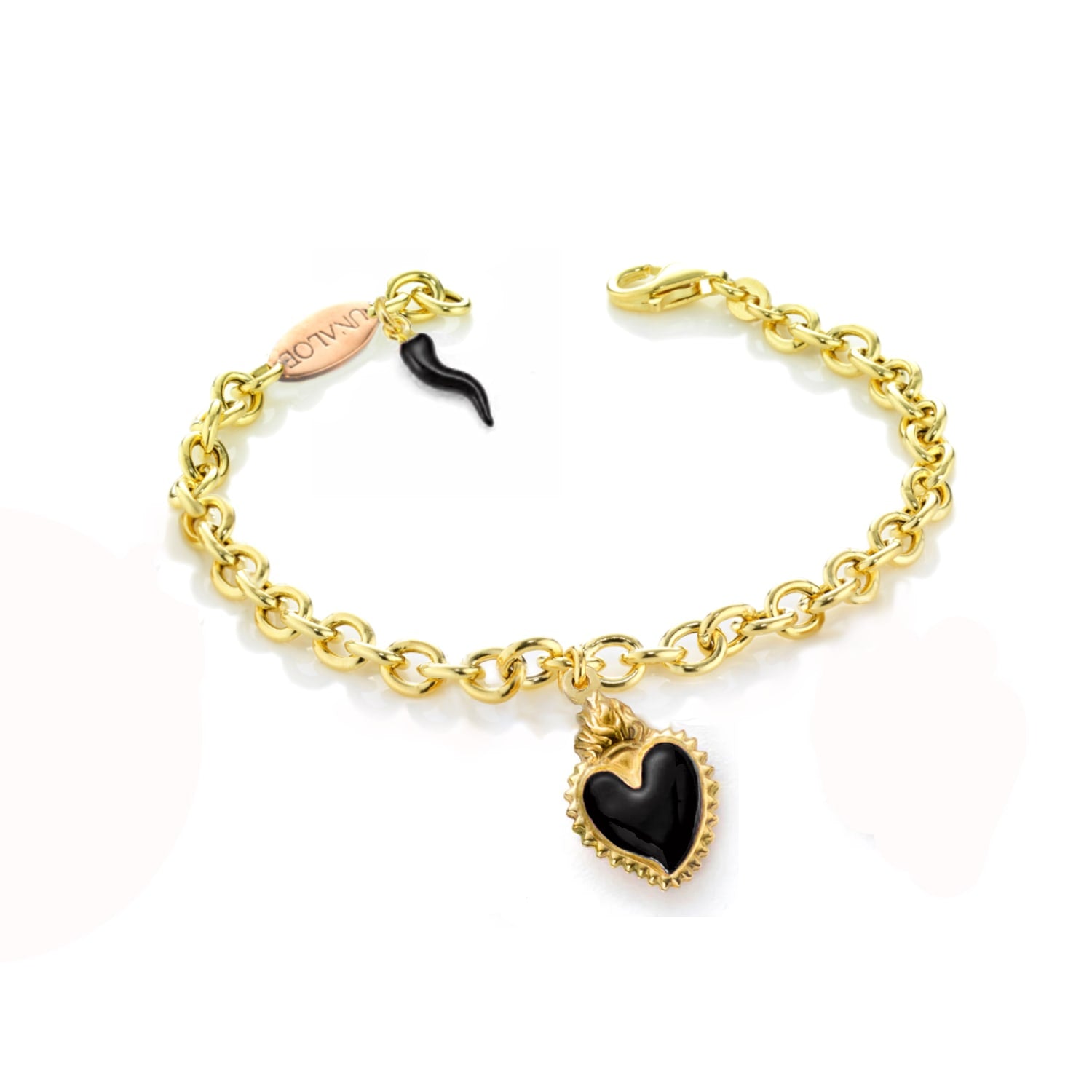 Gold-Plated Silver Bracelet With Black Heart Pendant And Horn
