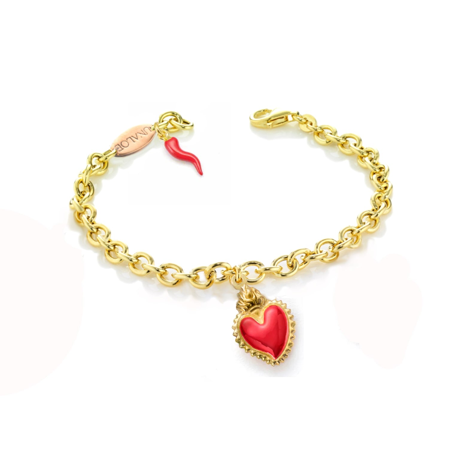 Gold-Plated Silver Bracelet With Red Heart Pendants And Horn