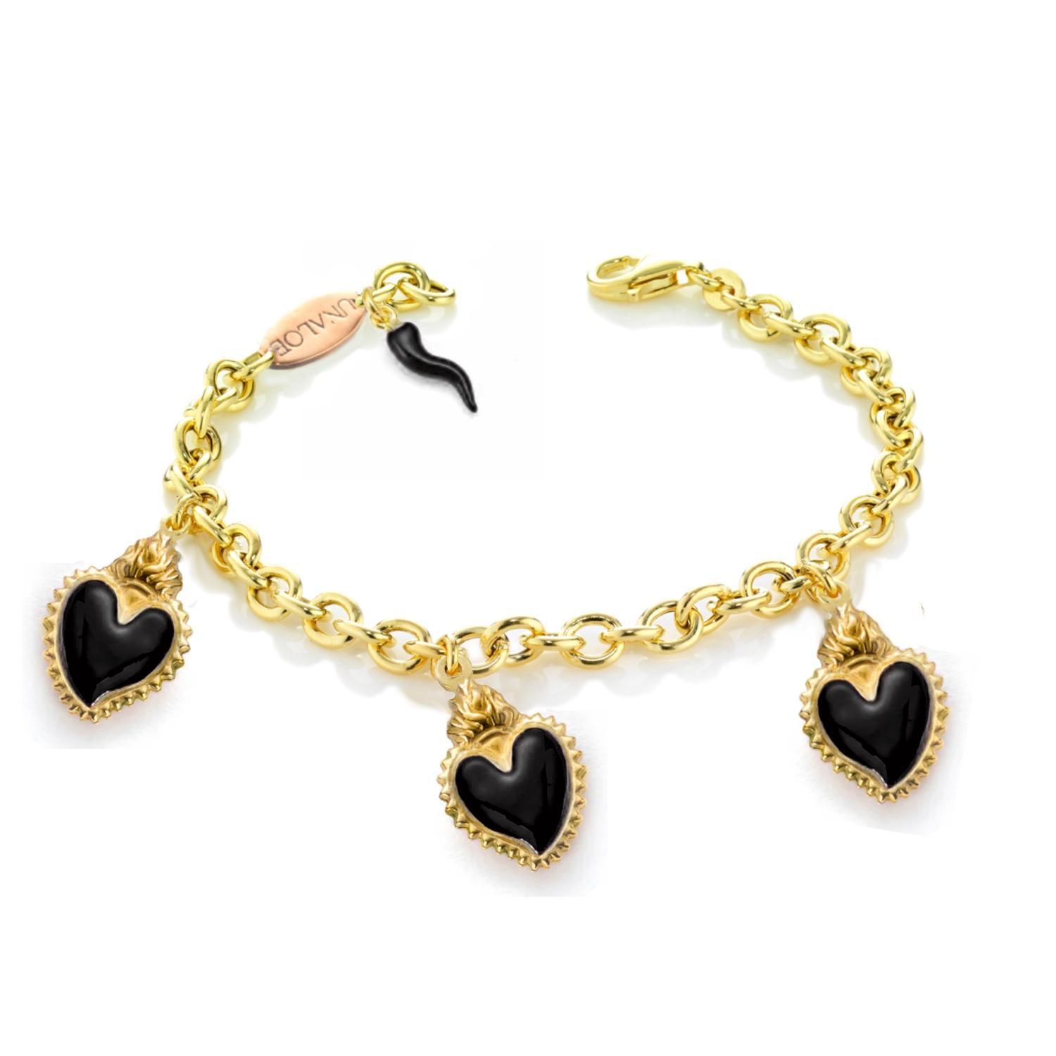 Gold-Plated Silver Bracelet With Three Black Heart Pendants And Horn